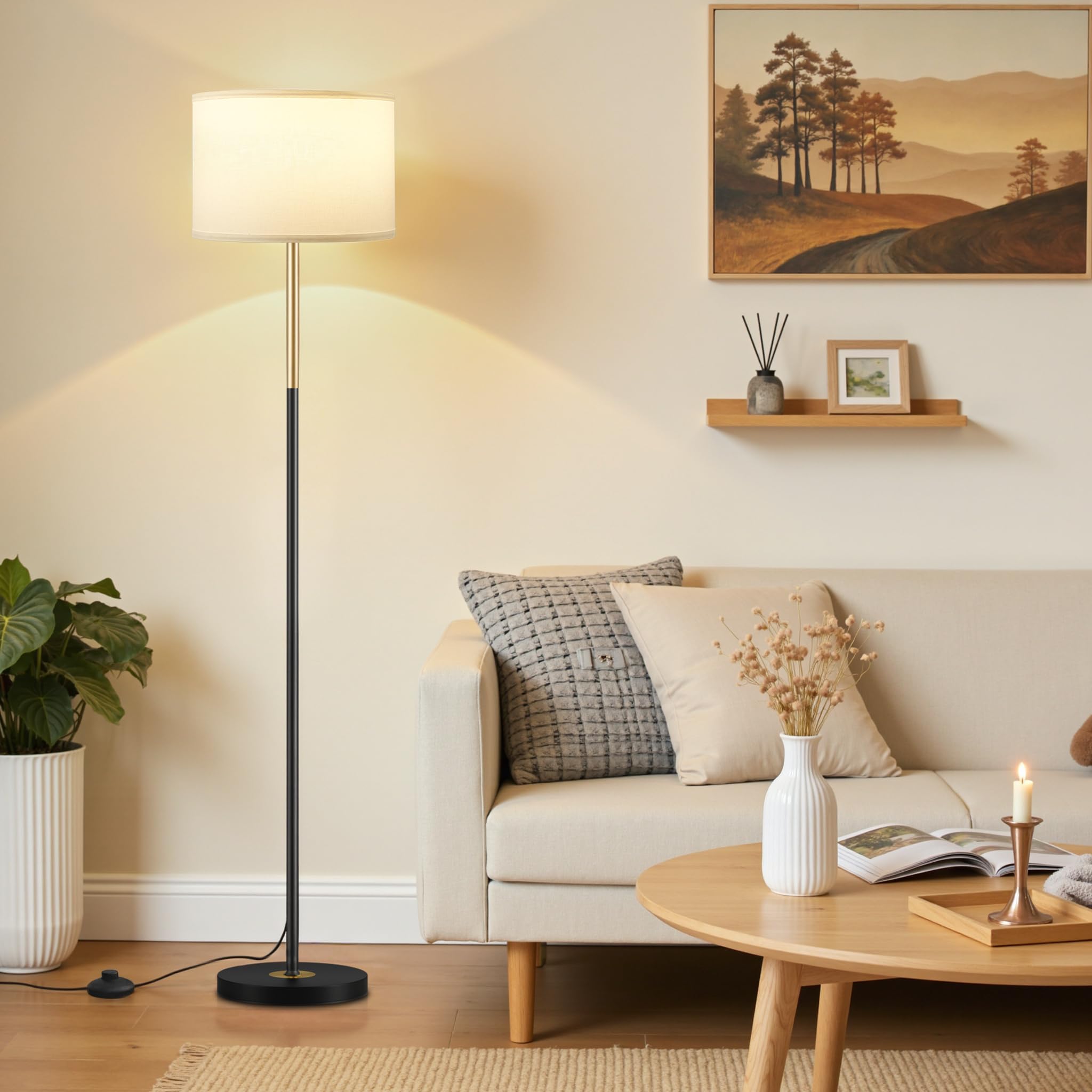 Ambimall 60'' Modern Floor Lamp Set of 2, 2PK Tall Lamps for Living Room Bedroom, Beige Shade with Black Pole(Without Bulb)
