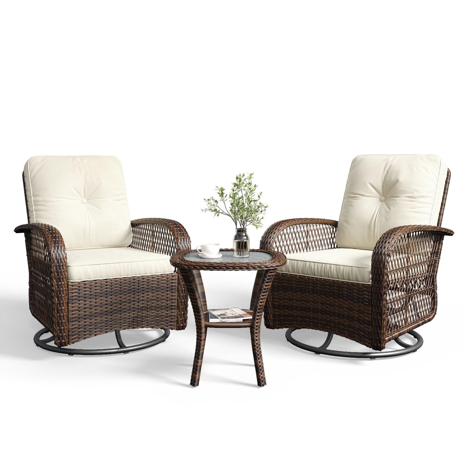 Aoxun 3 Pieces Patio Furniture Set, Patio Swivel Rocker Chairs Set of 2, Wicker Outdoor Bistro Set with Rocking Chair, Thickened Cushions and Table for Porch (Blue)