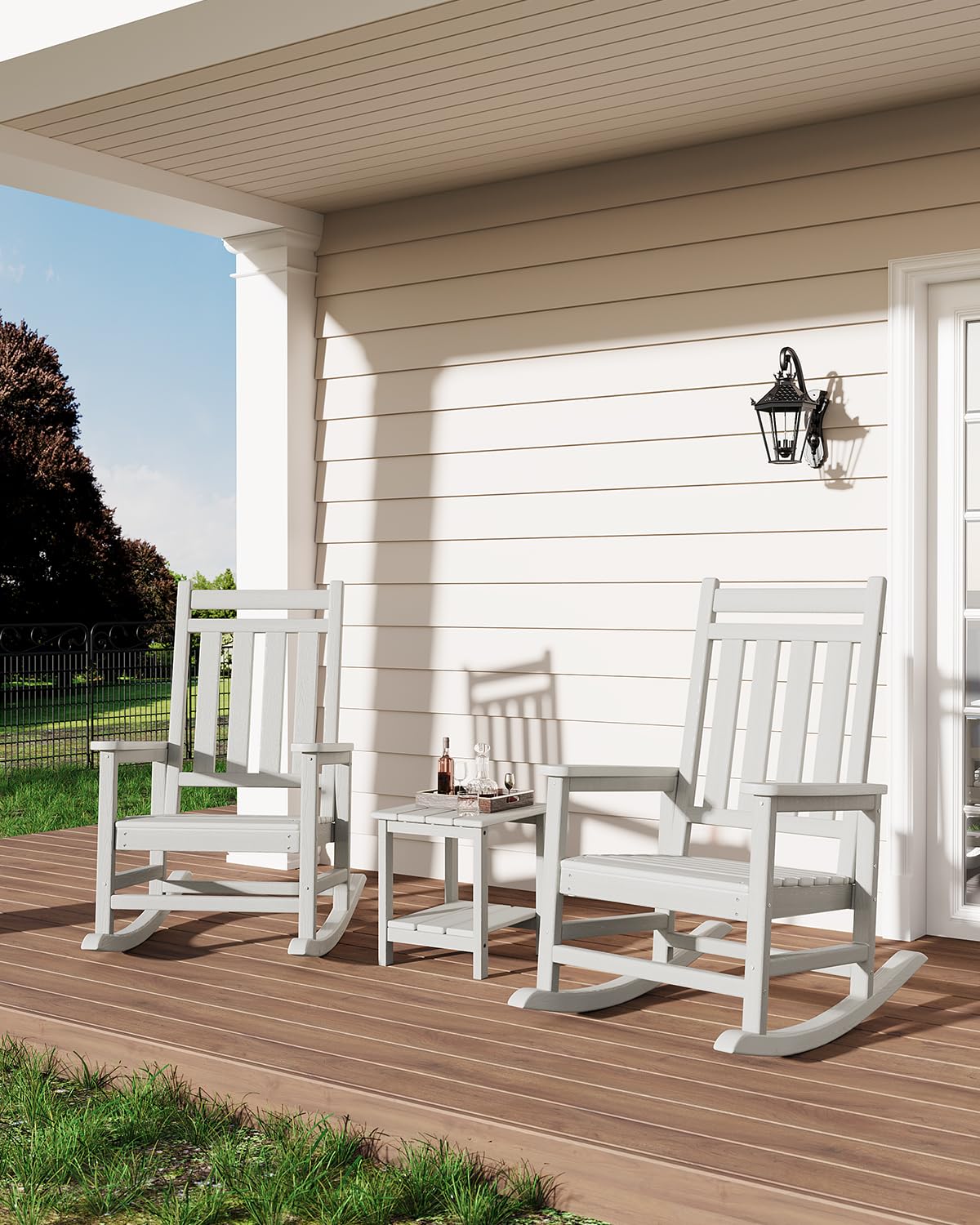 Poly Lumber Rocking Chair Outdoor Set of 2 with Side Table - HDPE High Back Porch Rocker Chairs for Adults - All Weather Resistant Furniture for Patio - Black