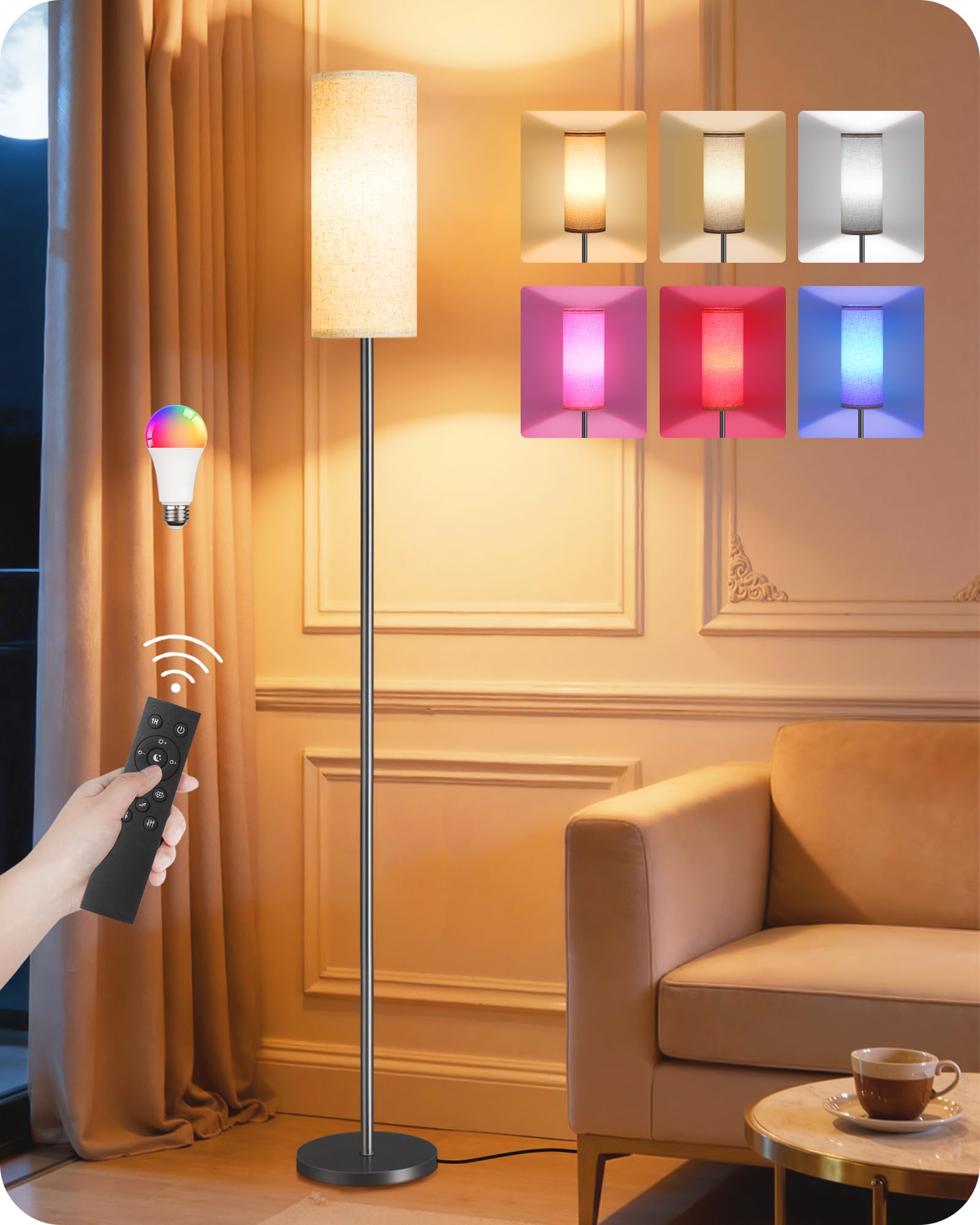 Set of 2 Dimmable Floor Lamps for Living Room with 2 Remotes and Foot Switch, 64.4”Modern Standing Lamp, Corner Lamp for Bedroom, Bulb Included, 3000K-6500K, White and Gold DCW06LDP205W1