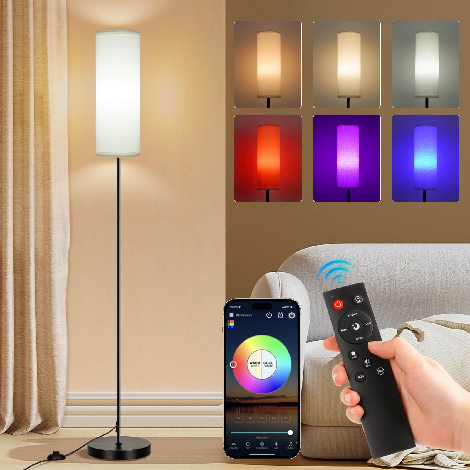 FRIDEKO HOME 2 Pack Floor Lamps for Living Room, Dimmable Colors Temperature & Brightness, Modern Floor Lamp with Remote, Tall Standing Lamps for Living Room Bedroom Office, Beige Shade 9W Smart Bulb