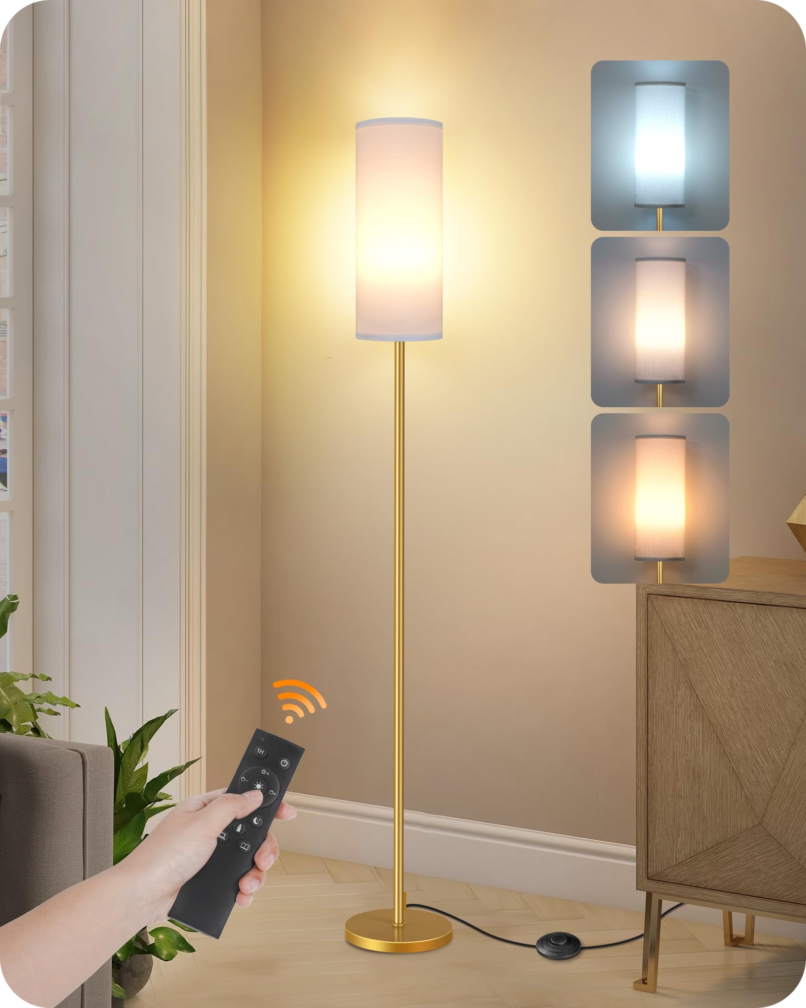 Set of 2 Dimmable Floor Lamps for Living Room with 2 Remotes and Foot Switch, 64.4”Modern Standing Tall Lamp, Corner Lamp for Bedroom, Bulb Included, 3000K-6500K, Beige Shade E06LDP205W1