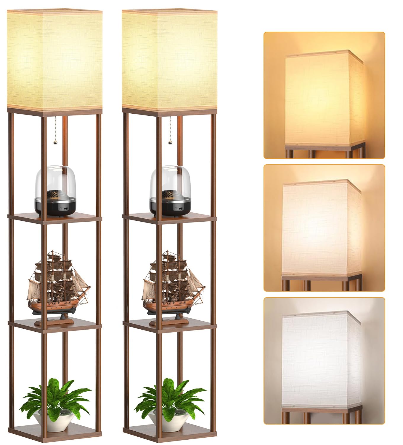 Floor Lamp with Shelves for Living Room 2 Pack, Shelf Floor Lamp with 3 CCT LED Bulb, Corner Display Standing Column Lamp Etagere Organizer Tower Nightstand with White Linen Shade for Bedroom, Office