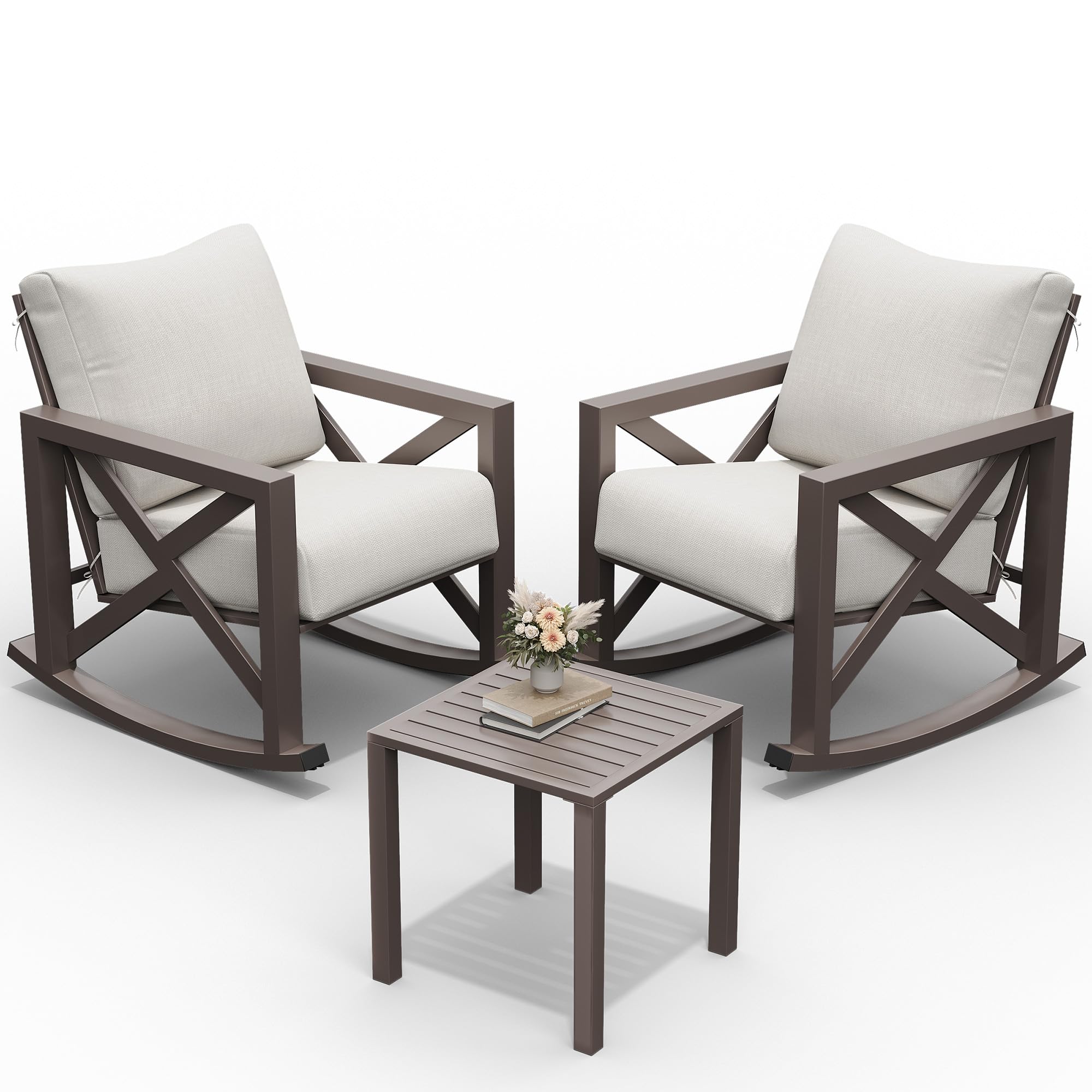 UDPATIO Rocking Chair Outdoor Set 2 with Coffee Table, 3 Piece Metal Rocking Bistro Set with 6.5" Water-Resistant Cushions, Oversized, 350lbs Heavy-Duty, for Porch, Patio, Balcony, Beige