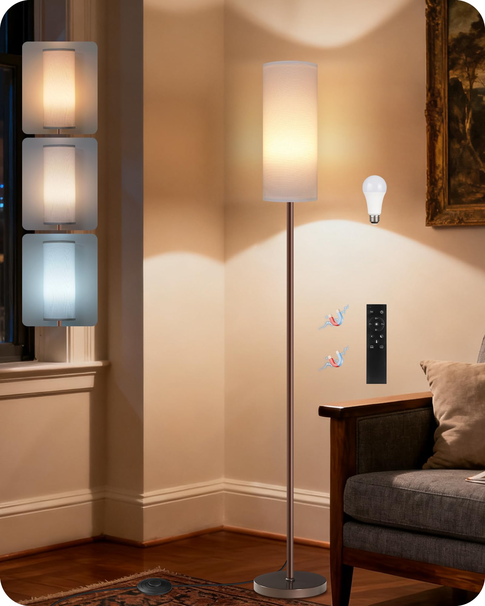 Set of 2 Dimmable Floor Lamps for Living Room with 2 Remotes and Foot Switch, 64.4”Modern Standing Tall Lamp, Corner Lamp for Bedroom, Bulb Included, 3000K-6500K, Beige Shade E06LDP205W1