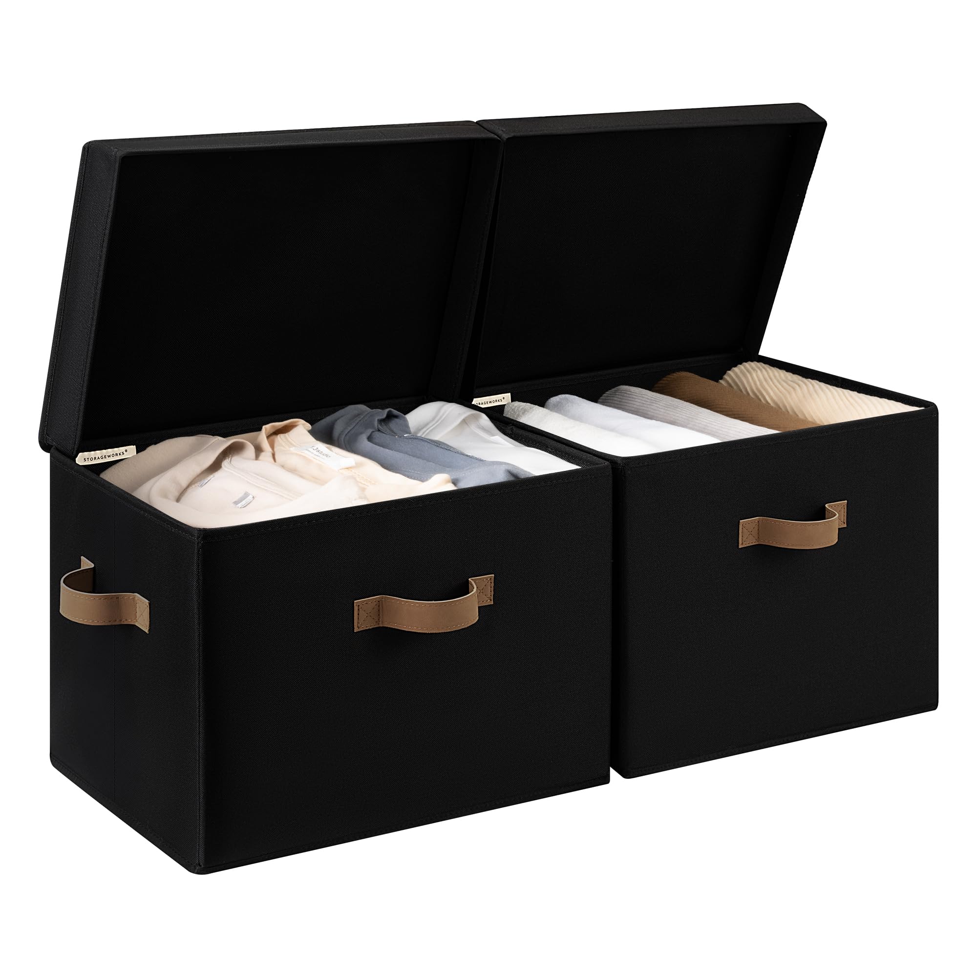 StorageWorks Fabric Storage Bins with Lid, Decorative Storage Boxes for Shelves, Stackable Closet Organizer Basket with Handles, Large, Ivory White, 2-Pack