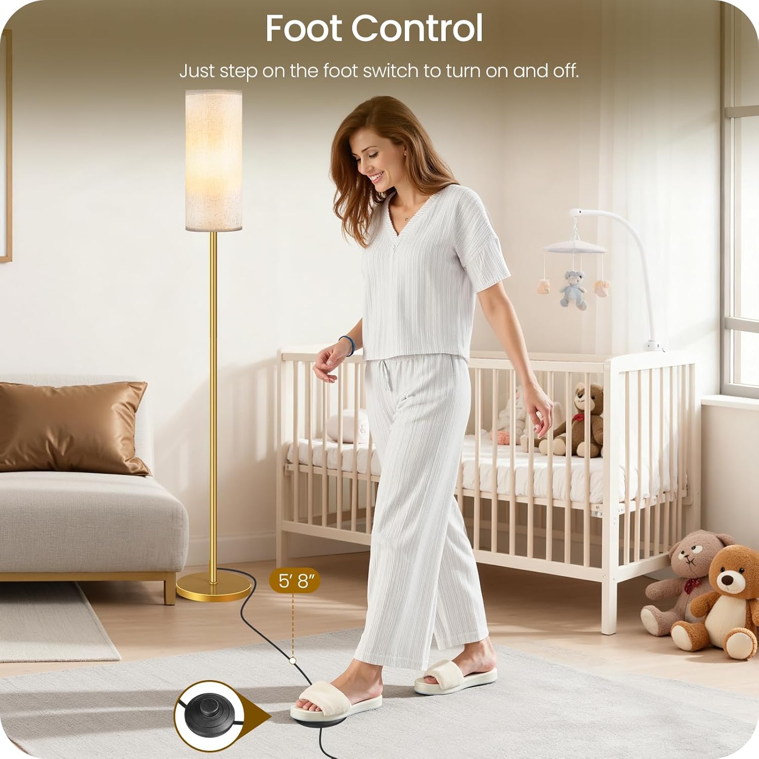 Set of 2 Dimmable Floor Lamps for Living Room with 2 Remotes and Foot Switch, Modern Standing Tall Lamp, Corner Lamp for Bedroom, Bulb Included, 3000K-6500K, Beige and Gold DE06LDP205W1