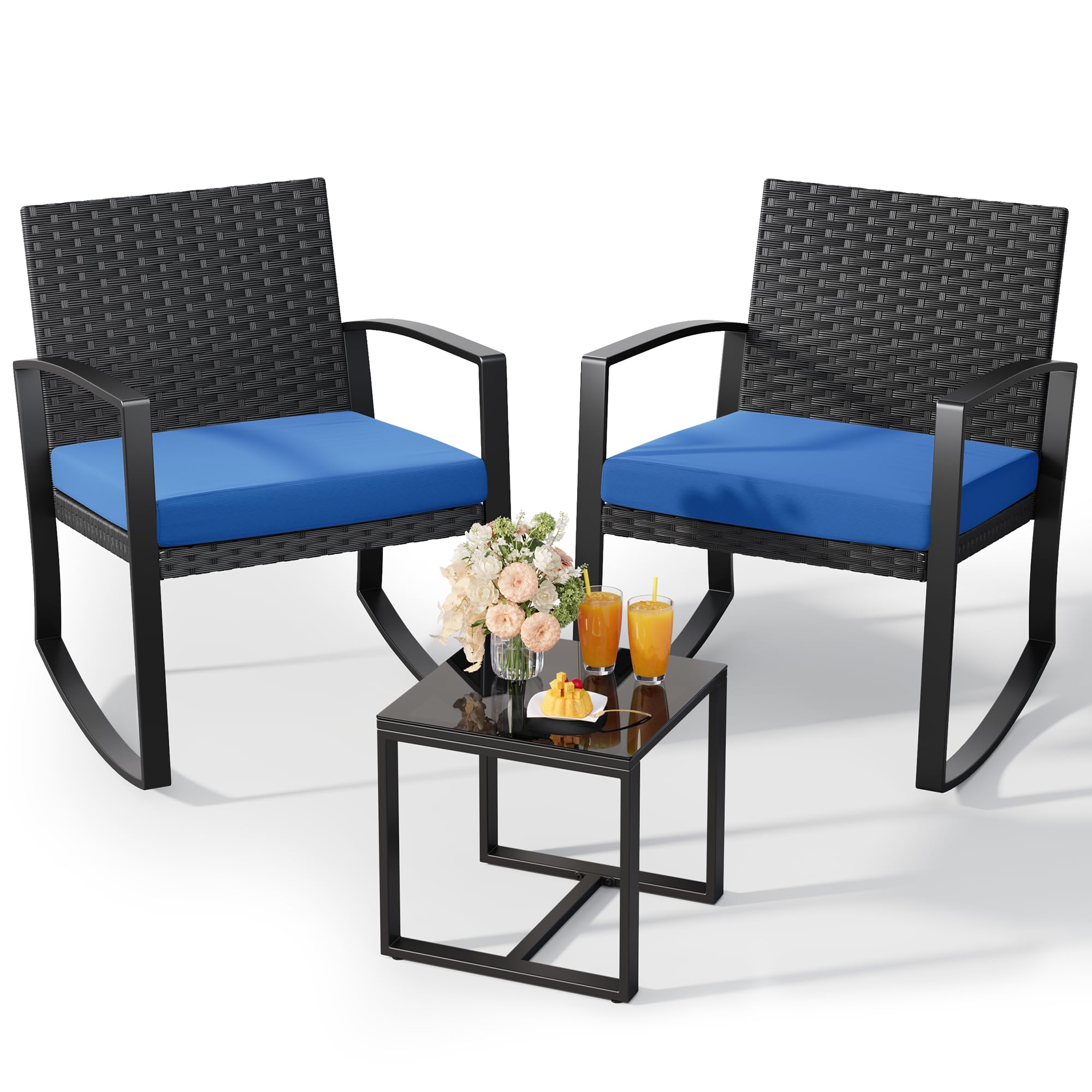 3 Pieces Outdoor Patio Furniture Set Rocking Bistro Set Outdoor Rattan Conversation with Coffee Table for Garden Balcony Backyard Poolside (Grey Cushion)