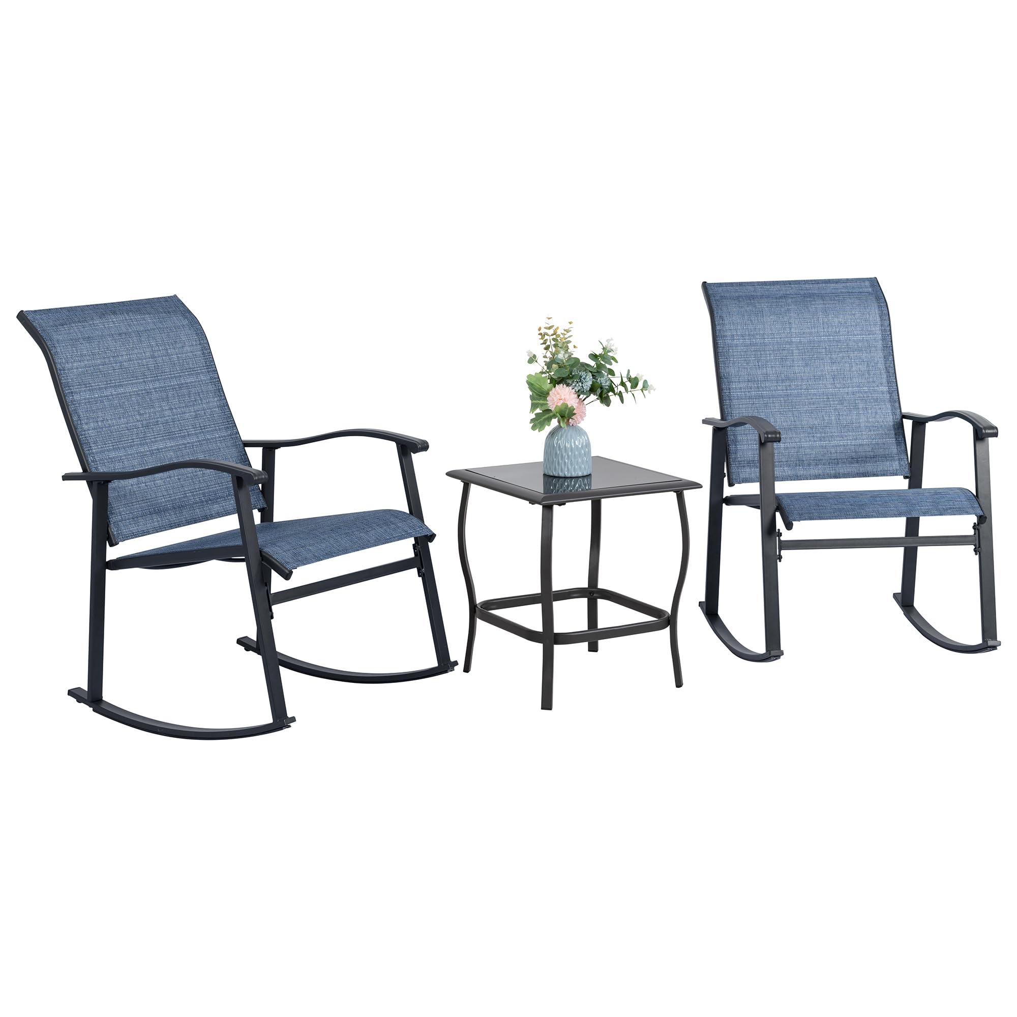 Vongrasig 3 Piece Outdoor Rocking Bistro Set, Textilene Fabric Small Patio Furniture Set, Front Porch Rocker Chairs Conversation Set with Glass Table for Lawn, Garden, Balcony, Poolside (Brown)