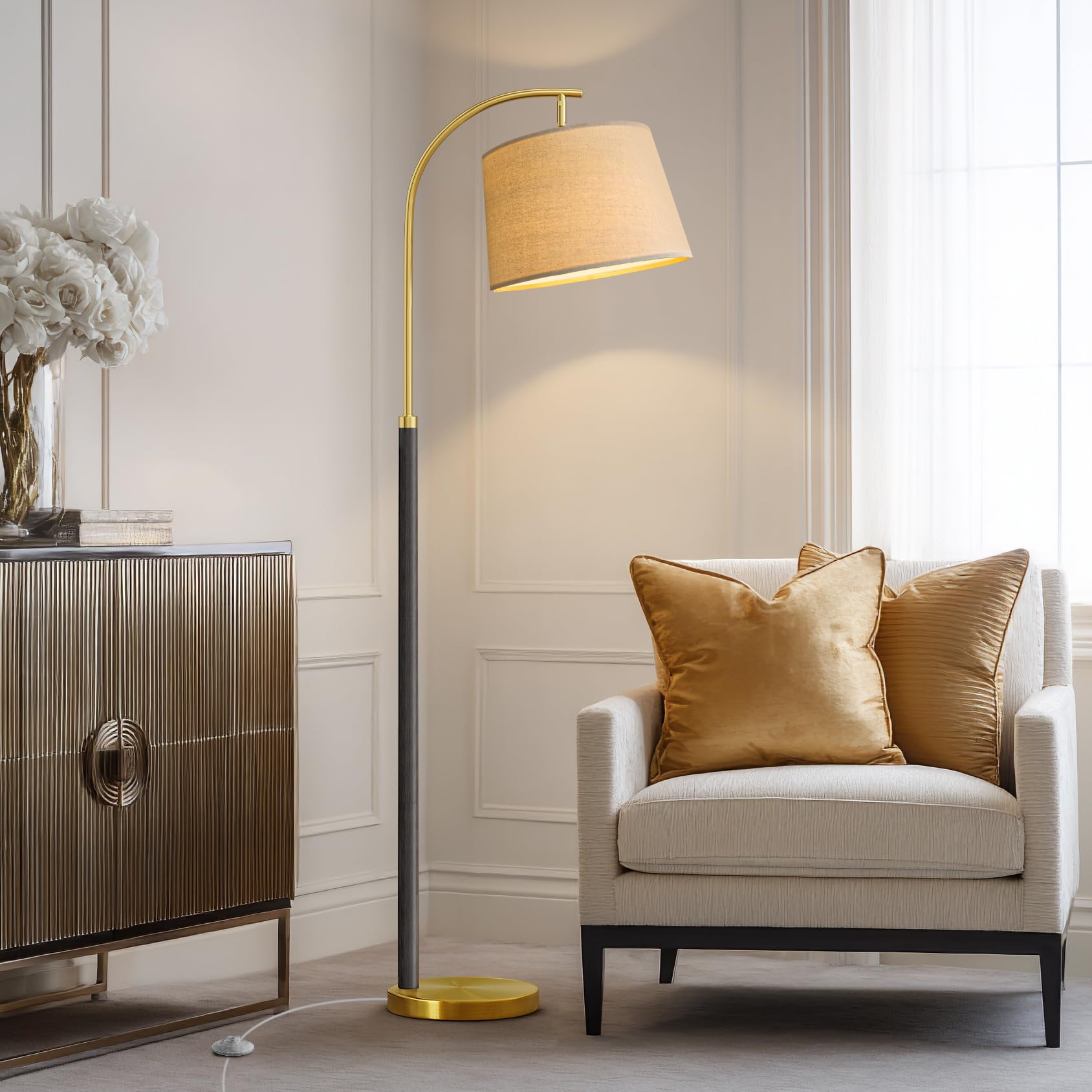 62.5" Wood Floor Lamp for Living Room Gold with Foot Switch Arc Standing Tall Lamps for Bedroom Mid Century Modern Corner Floor Lamps for Office Nursery Industrial Reading Light Room Lamp
