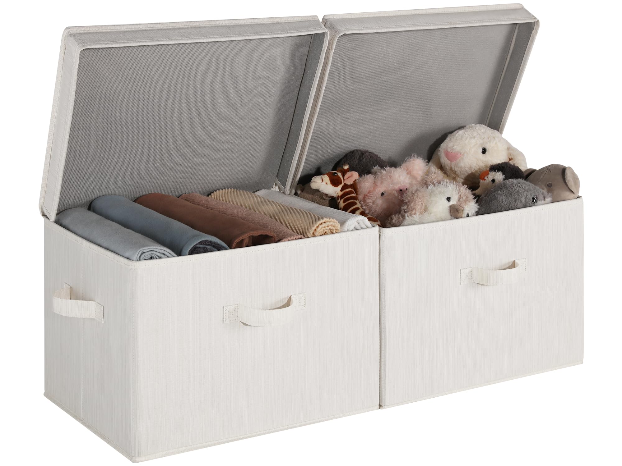 StorageWorks Fabric Storage Bins with Lid, Decorative Storage Boxes for Shelves, Stackable Closet Organizer Basket with Handles, Large, Ivory White, 2-Pack