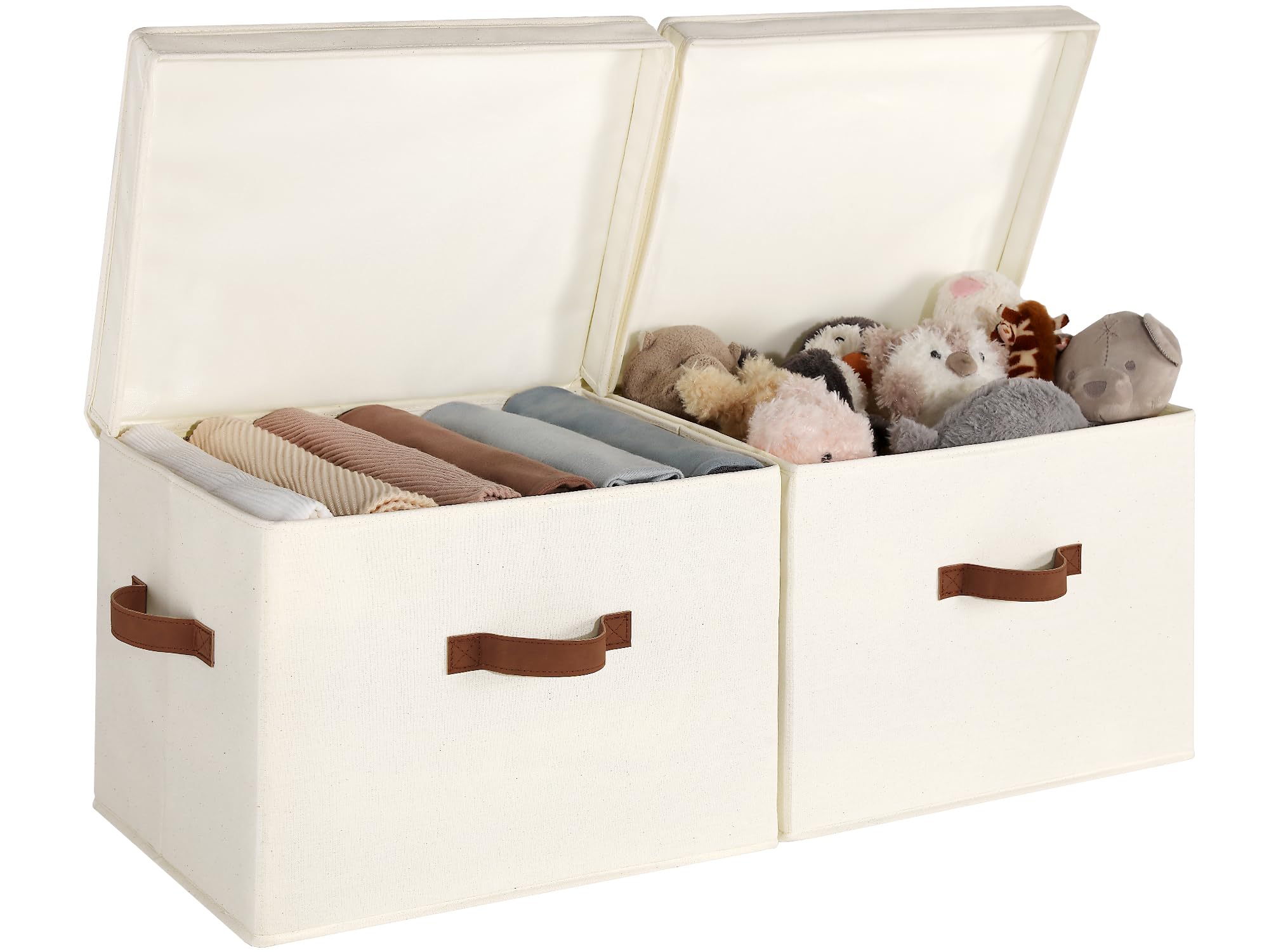 StorageWorks Fabric Storage Bins with Lid, Decorative Storage Boxes for Shelves, Stackable Closet Organizer Basket with Handles, Large, Ivory White, 2-Pack