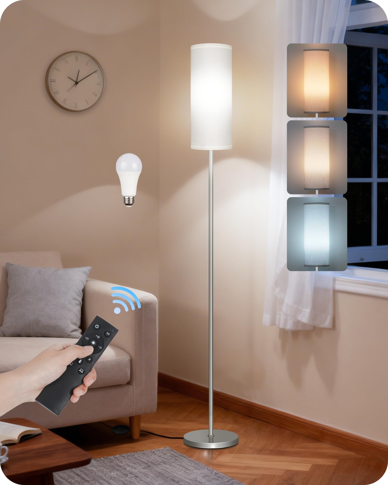 Set of 2 Dimmable Floor Lamps for Living Room with 2 Remotes and Foot Switch, 64.4”Modern Standing Lamp, Corner Lamp for Bedroom, Bulb Included, 3000K-6500K, White and Gold DCW06LDP205W1