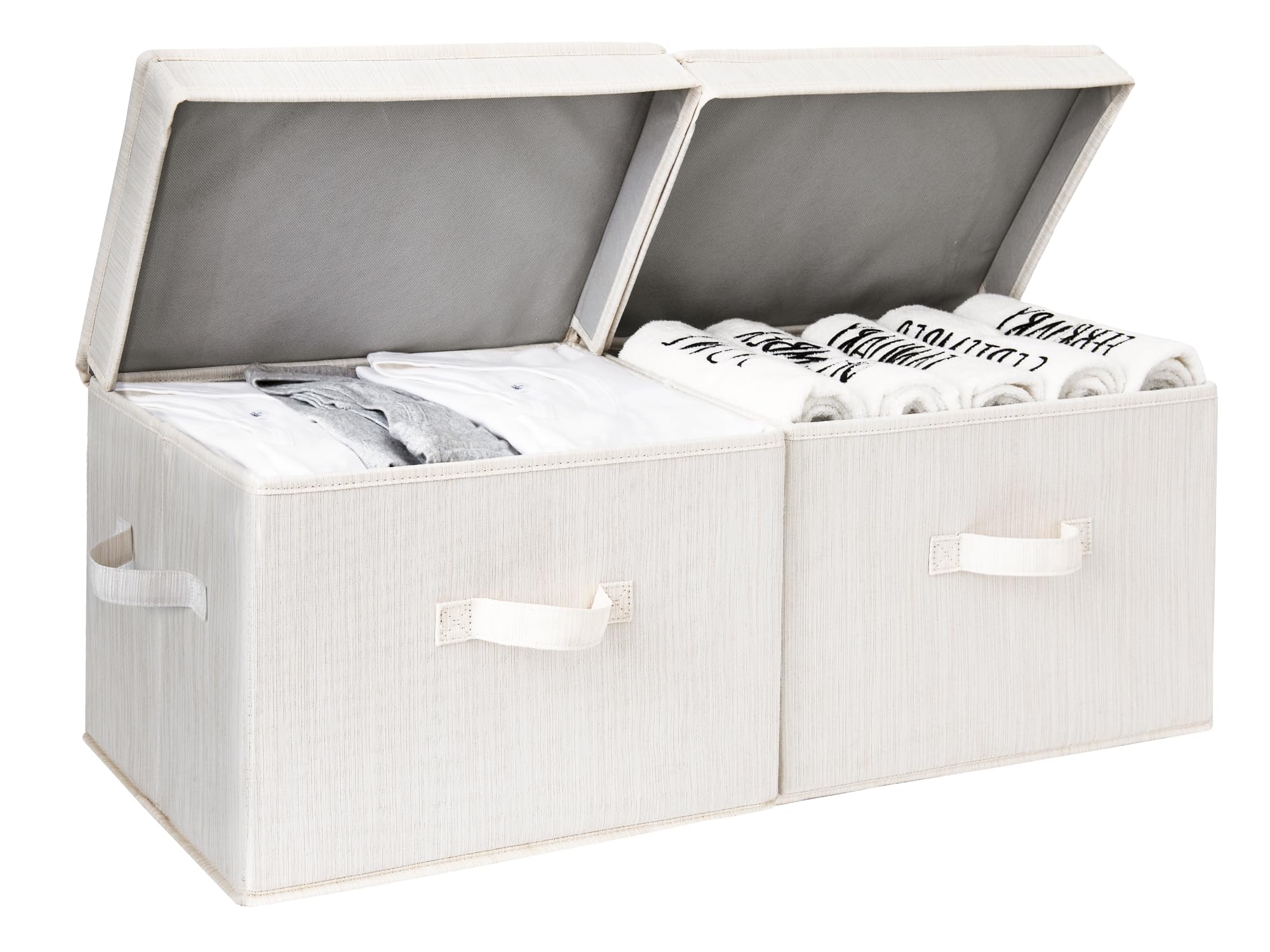 StorageWorks Fabric Storage Bins with Lid, Decorative Storage Boxes for Shelves, Stackable Closet Organizer Basket with Handles, Large, Ivory White, 2-Pack