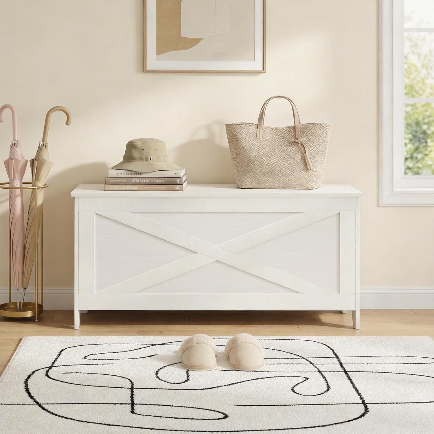 39.4" Toy Chest, Sturdy Entryway Storage Chest with Safety Hinges, Retro Toy Box, Wooden Look Accent Furniture for Living Room, Bedroom, White SCWT48101Z1