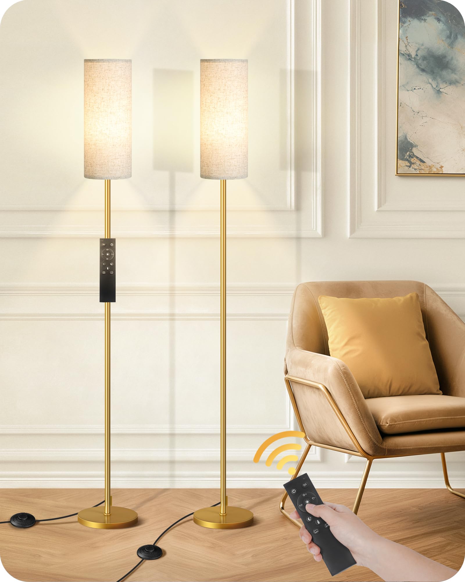 Set of 2 Dimmable Floor Lamps for Living Room with 2 Remotes and Foot Switch, 64.4”Modern Standing Tall Lamp, Corner Lamp for Bedroom, Bulb Included, 3000K-6500K, Beige Shade E06LDP205W1