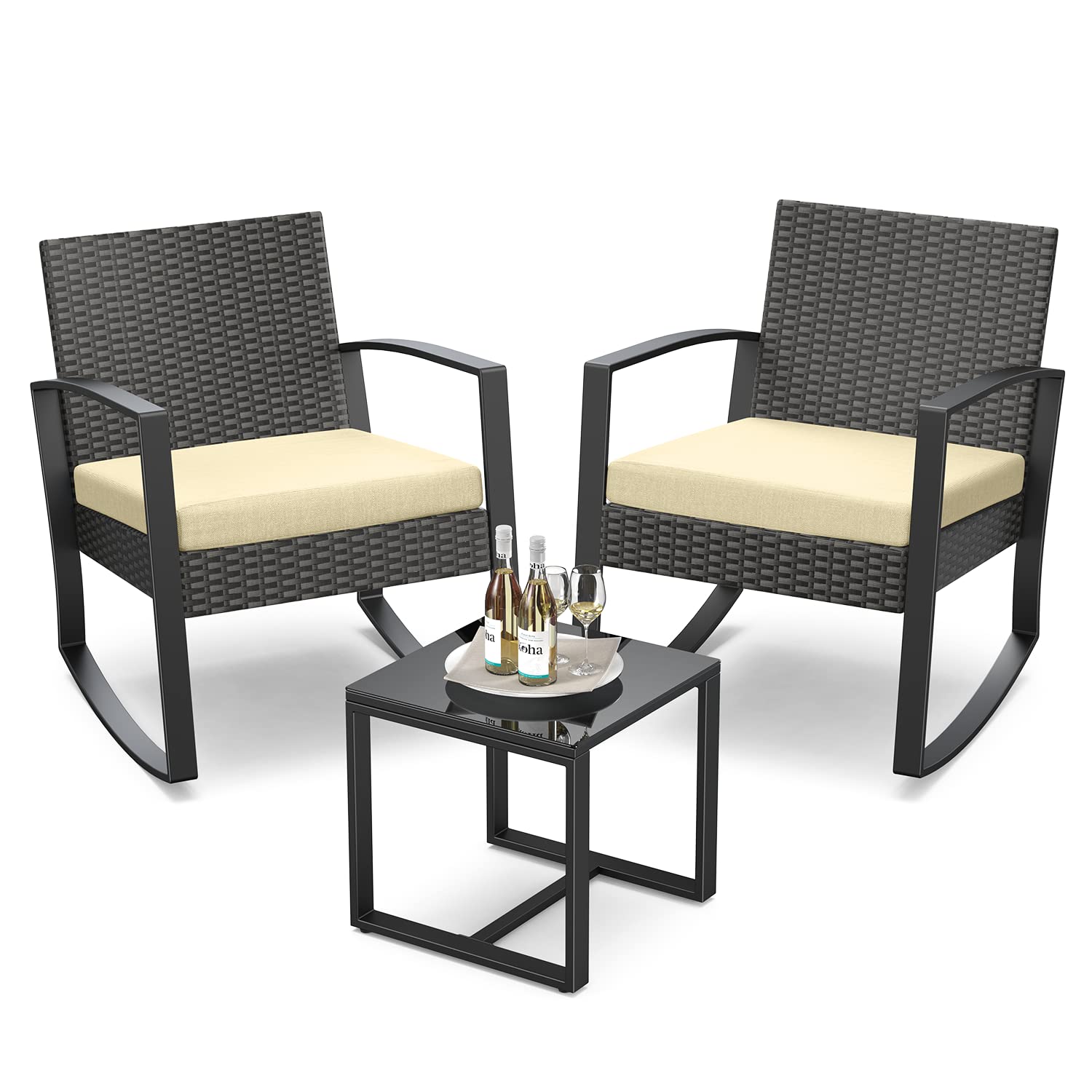 3 Pieces Outdoor Patio Furniture Set Rocking Bistro Set Outdoor Rattan Conversation with Coffee Table for Garden Balcony Backyard Poolside (Grey Cushion)
