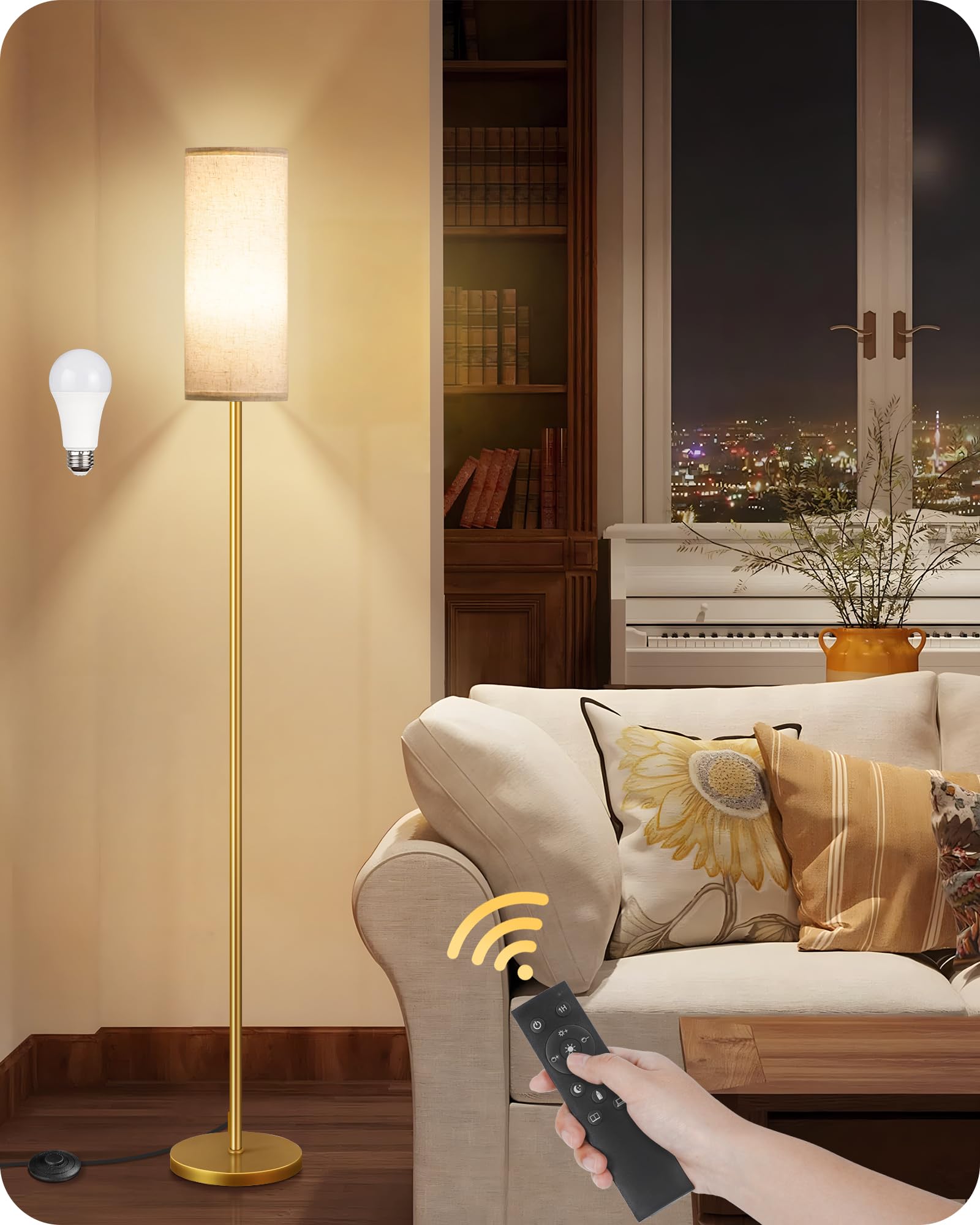 Set of 2 Dimmable Floor Lamps for Living Room with 2 Remotes and Foot Switch, 64.4”Modern Standing Lamp, Corner Lamp for Bedroom, Bulb Included, 3000K-6500K, White and Gold DCW06LDP205W1
