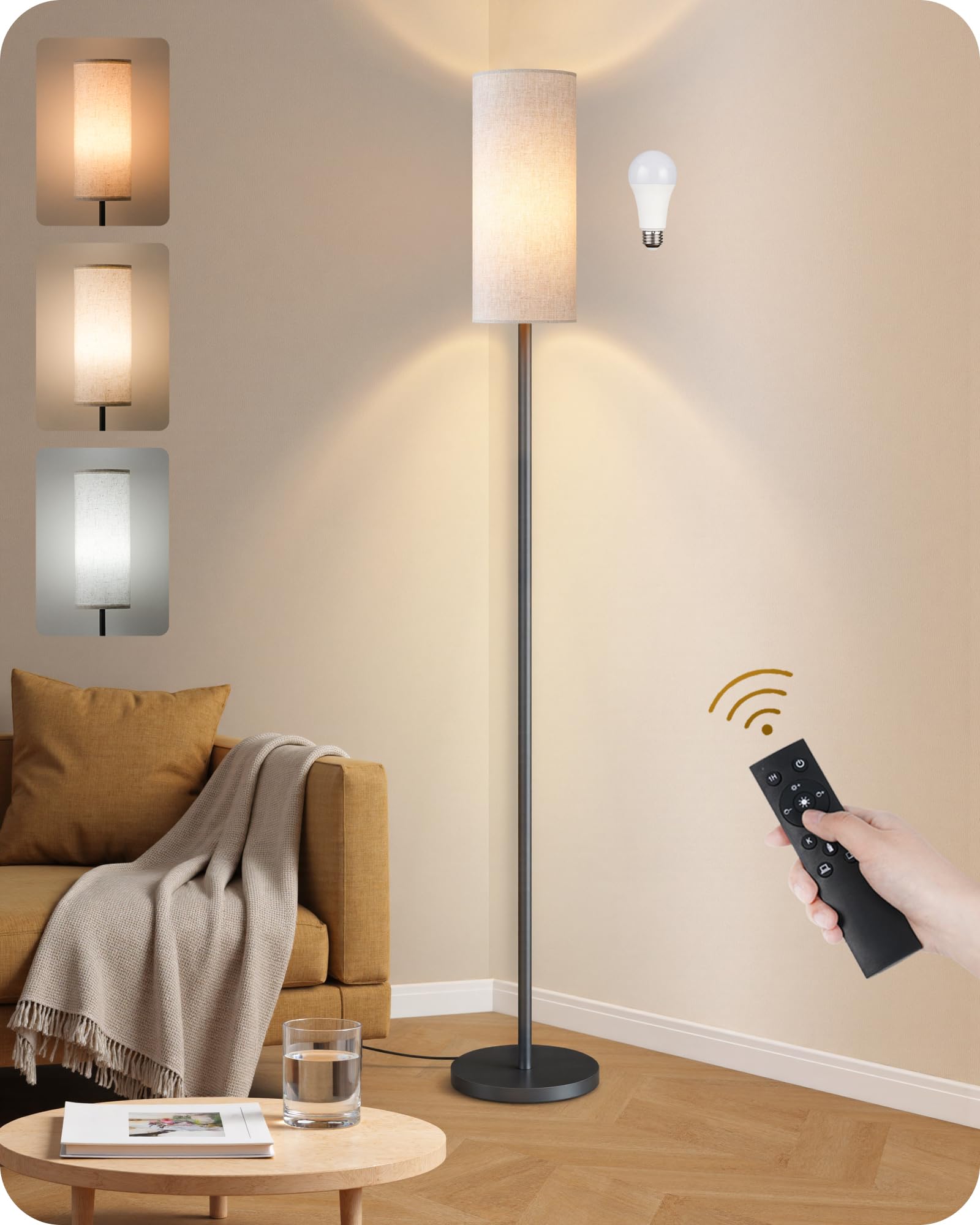Set of 2 Dimmable Floor Lamps for Living Room with 2 Remotes and Foot Switch, 64.4”Modern Standing Tall Lamp, Corner Lamp for Bedroom, Bulb Included, 3000K-6500K, Beige Shade E06LDP205W1