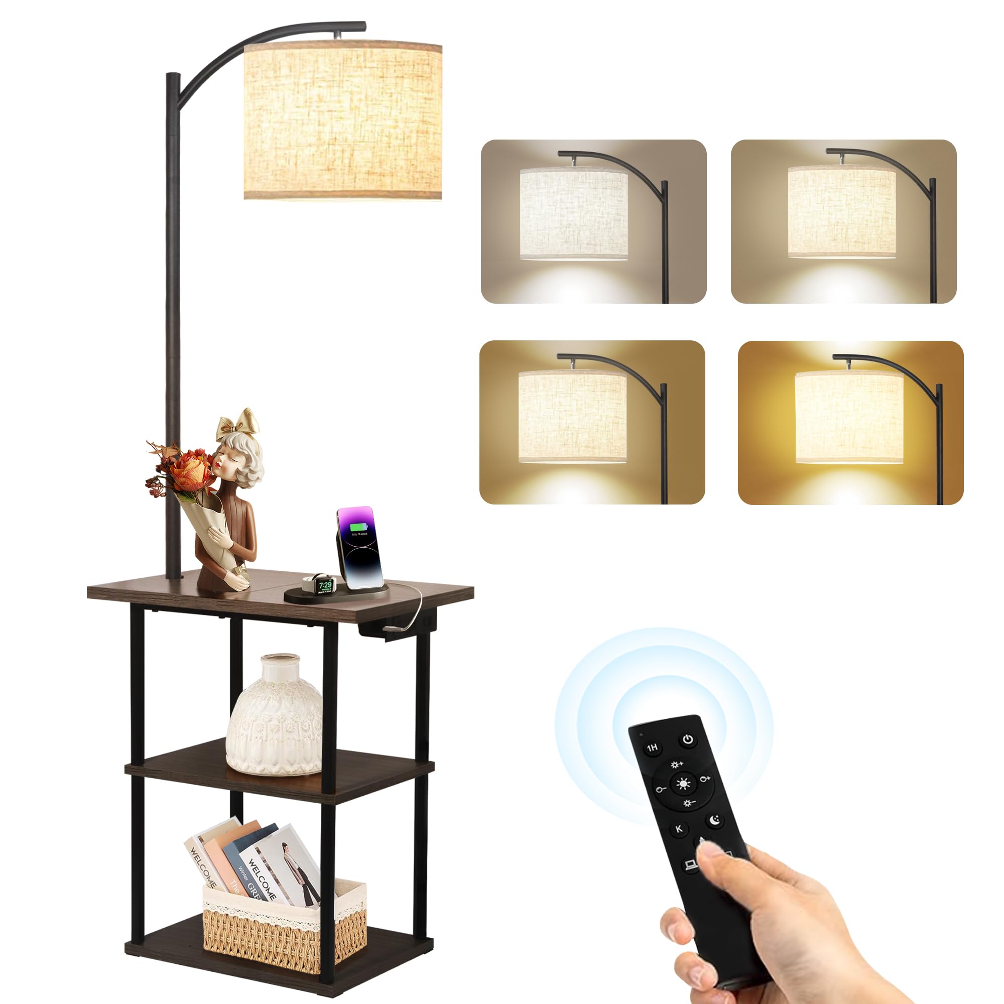 PESRAE Floor Lamp with Table, End Tables with Charging Station(USB & Type-C & AC Port), 3 Color Temperatures 9W LED Bulb, Modern Shelves Side Table for Bedroom, Living Room