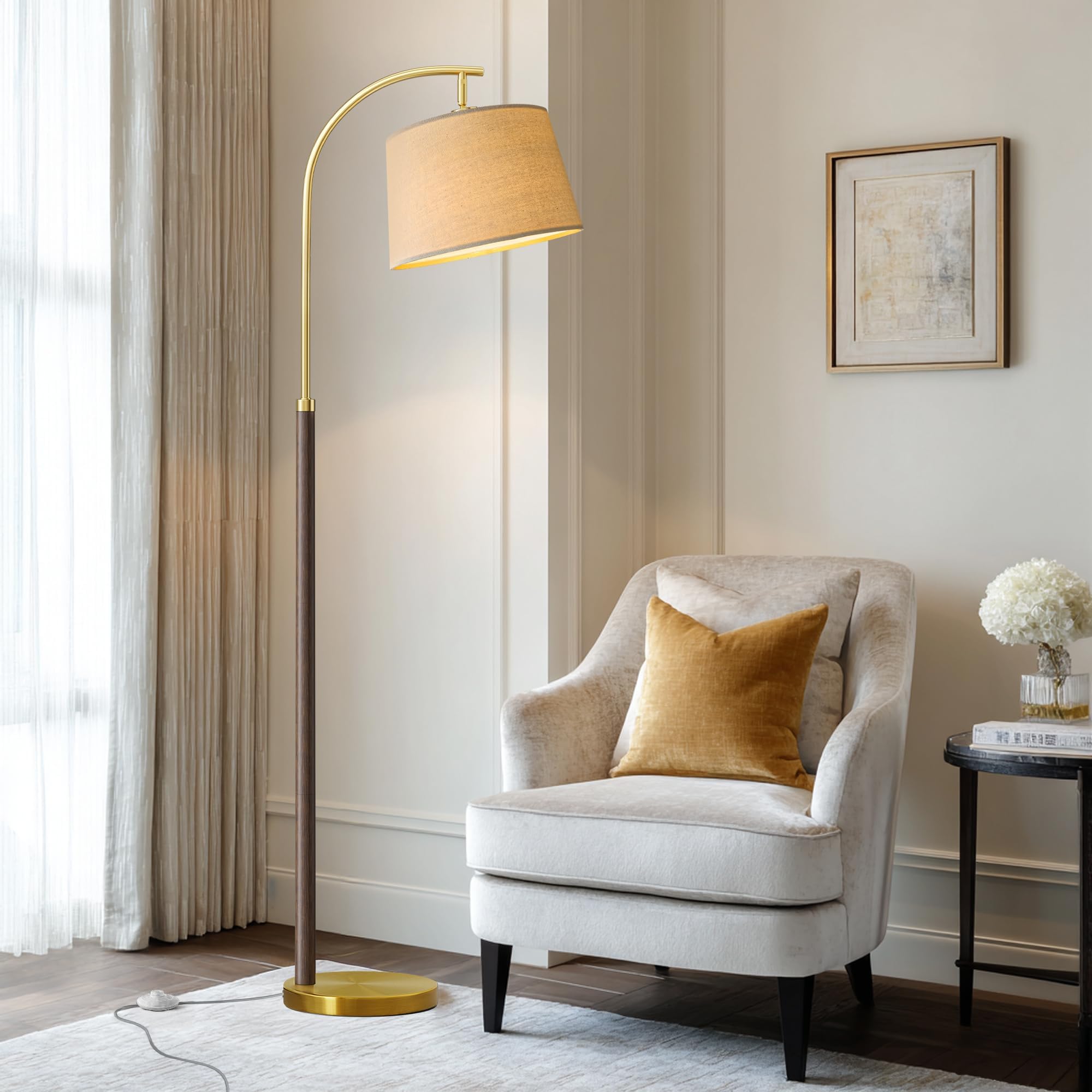 62.5" Wood Floor Lamp for Living Room Gold with Foot Switch Arc Standing Tall Lamps for Bedroom Mid Century Modern Corner Floor Lamps for Office Nursery Industrial Reading Light Room Lamp