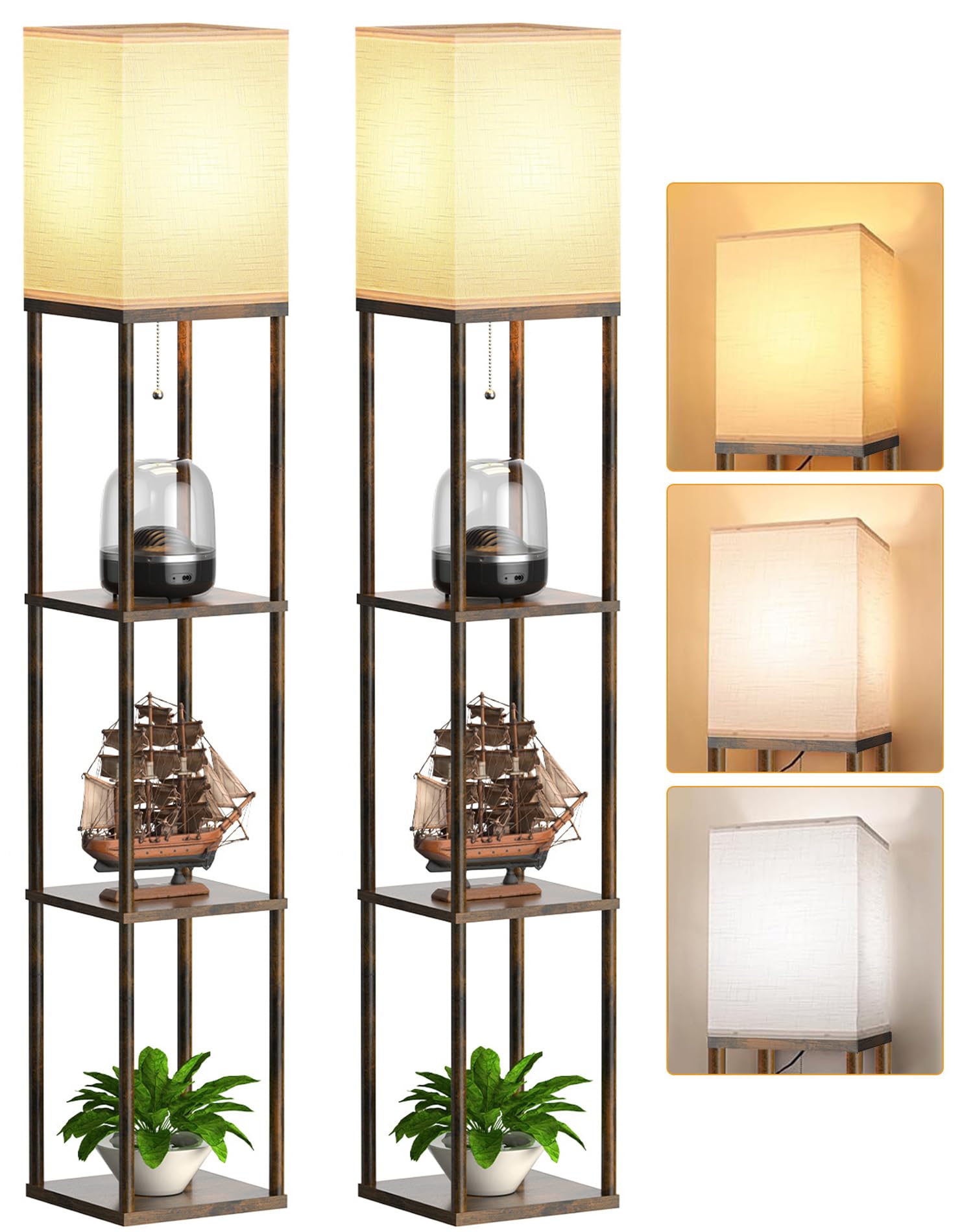 Floor Lamp with Shelves for Living Room 2 Pack, Shelf Floor Lamp with 3 CCT LED Bulb, Corner Display Standing Column Lamp Etagere Organizer Tower Nightstand with White Linen Shade for Bedroom, Office