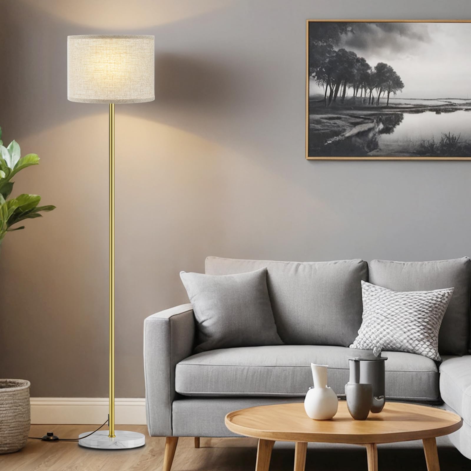 Ambimall 60'' Modern Floor Lamp Set of 2, 2PK Tall Lamps for Living Room Bedroom, Beige Shade with Black Pole(Without Bulb)