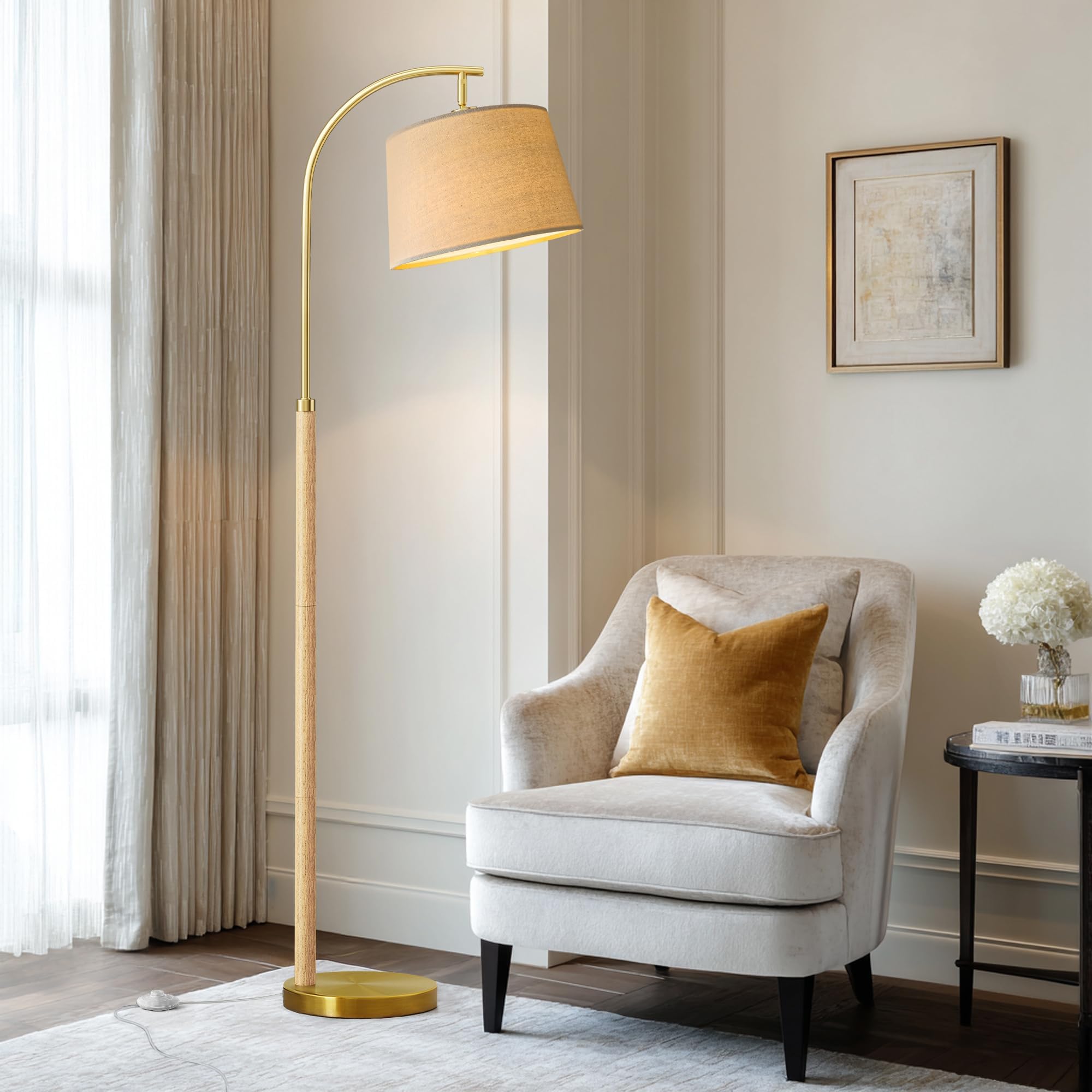 62.5" Wood Floor Lamp for Living Room Gold with Foot Switch Arc Standing Tall Lamps for Bedroom Mid Century Modern Corner Floor Lamps for Office Nursery Industrial Reading Light Room Lamp