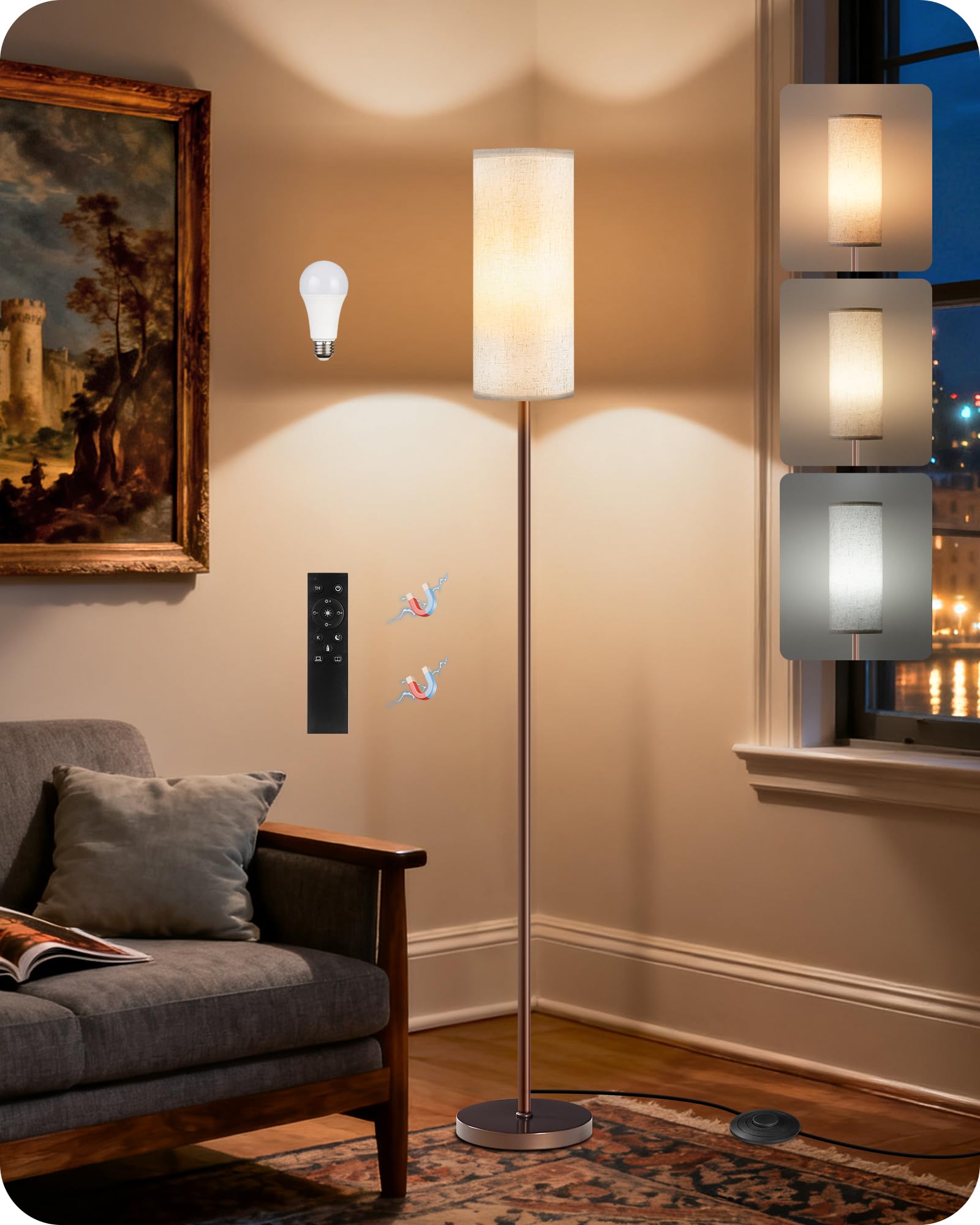 Set of 2 Dimmable Floor Lamps for Living Room with 2 Remotes and Foot Switch, 64.4”Modern Standing Tall Lamp, Corner Lamp for Bedroom, Bulb Included, 3000K-6500K, Beige Shade E06LDP205W1