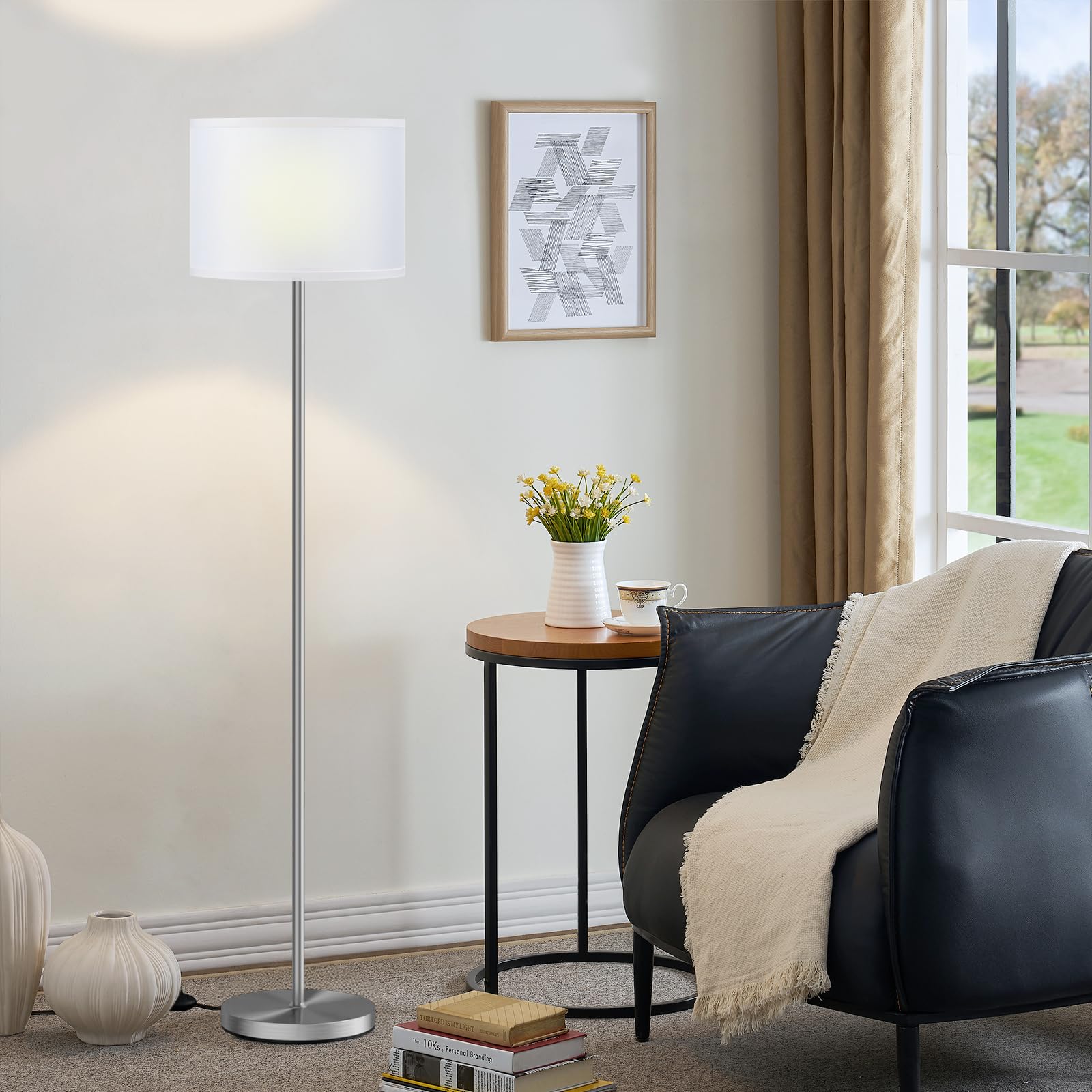 Ambimall 60'' Modern Floor Lamp Set of 2, 2PK Tall Lamps for Living Room Bedroom, Beige Shade with Black Pole(Without Bulb)