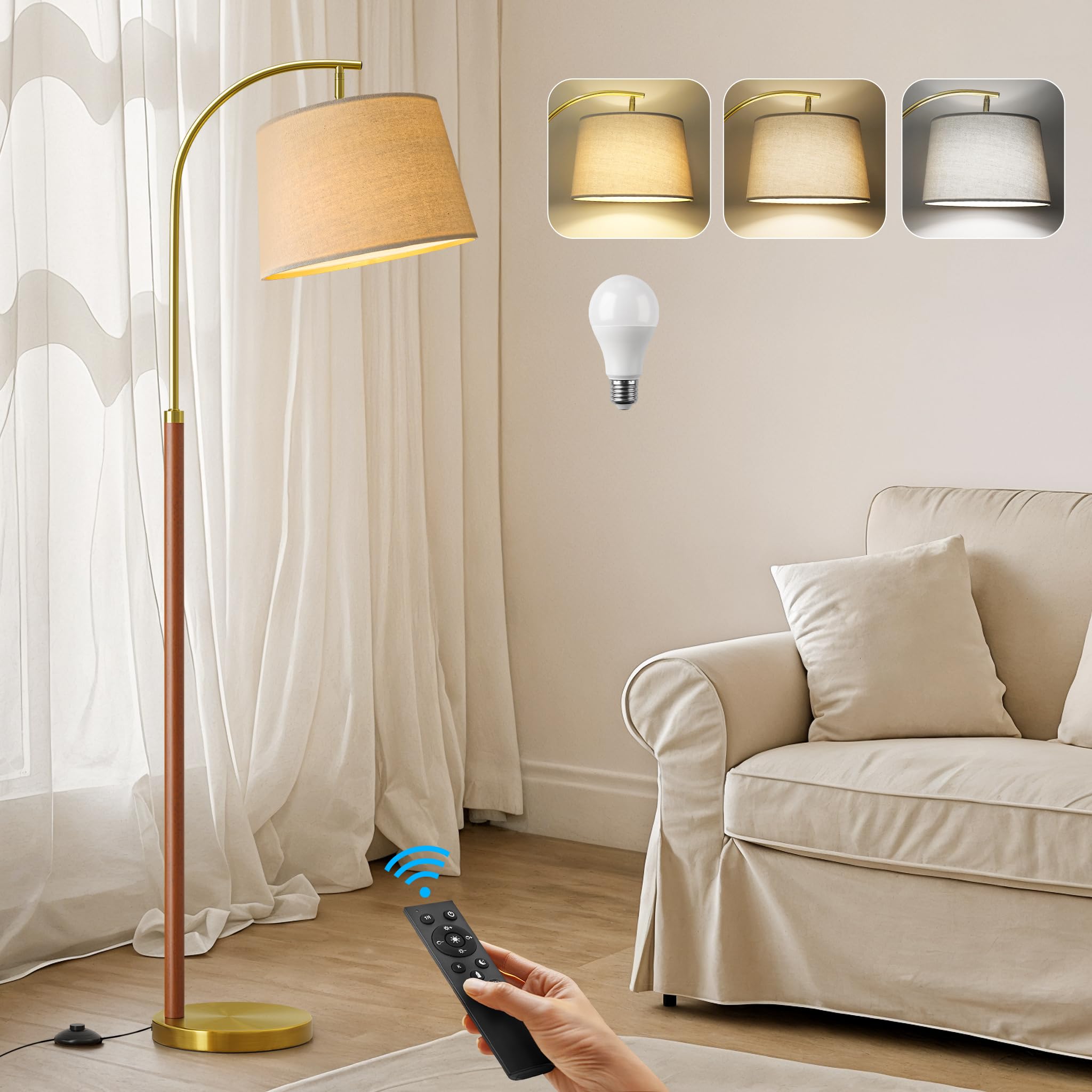 62.5" Wood Floor Lamp for Living Room Gold with Foot Switch Arc Standing Tall Lamps for Bedroom Mid Century Modern Corner Floor Lamps for Office Nursery Industrial Reading Light Room Lamp