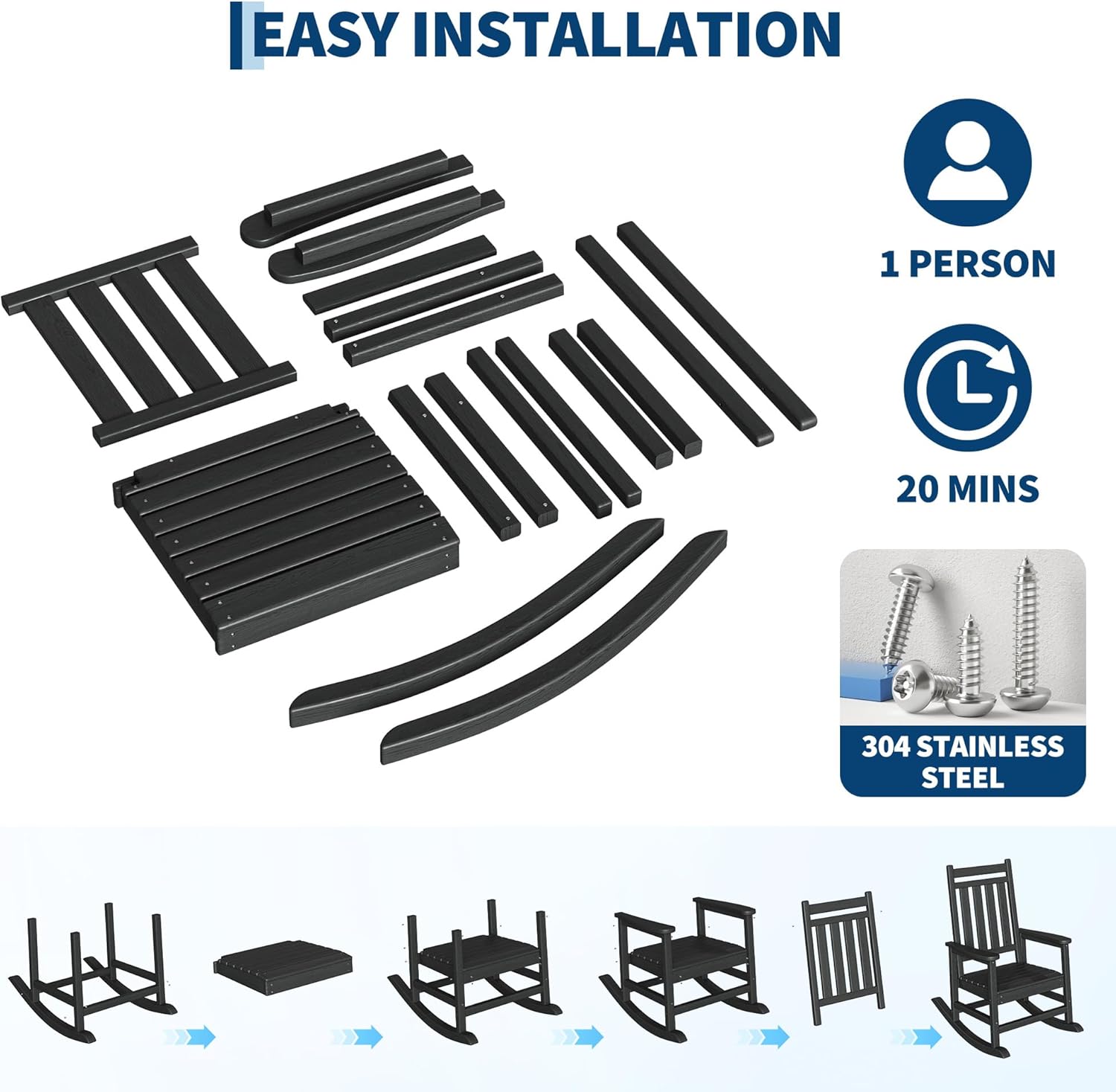 Poly Lumber Rocking Chair Outdoor Set of 2 with Side Table - HDPE High Back Porch Rocker Chairs for Adults - All Weather Resistant Furniture for Patio - Black