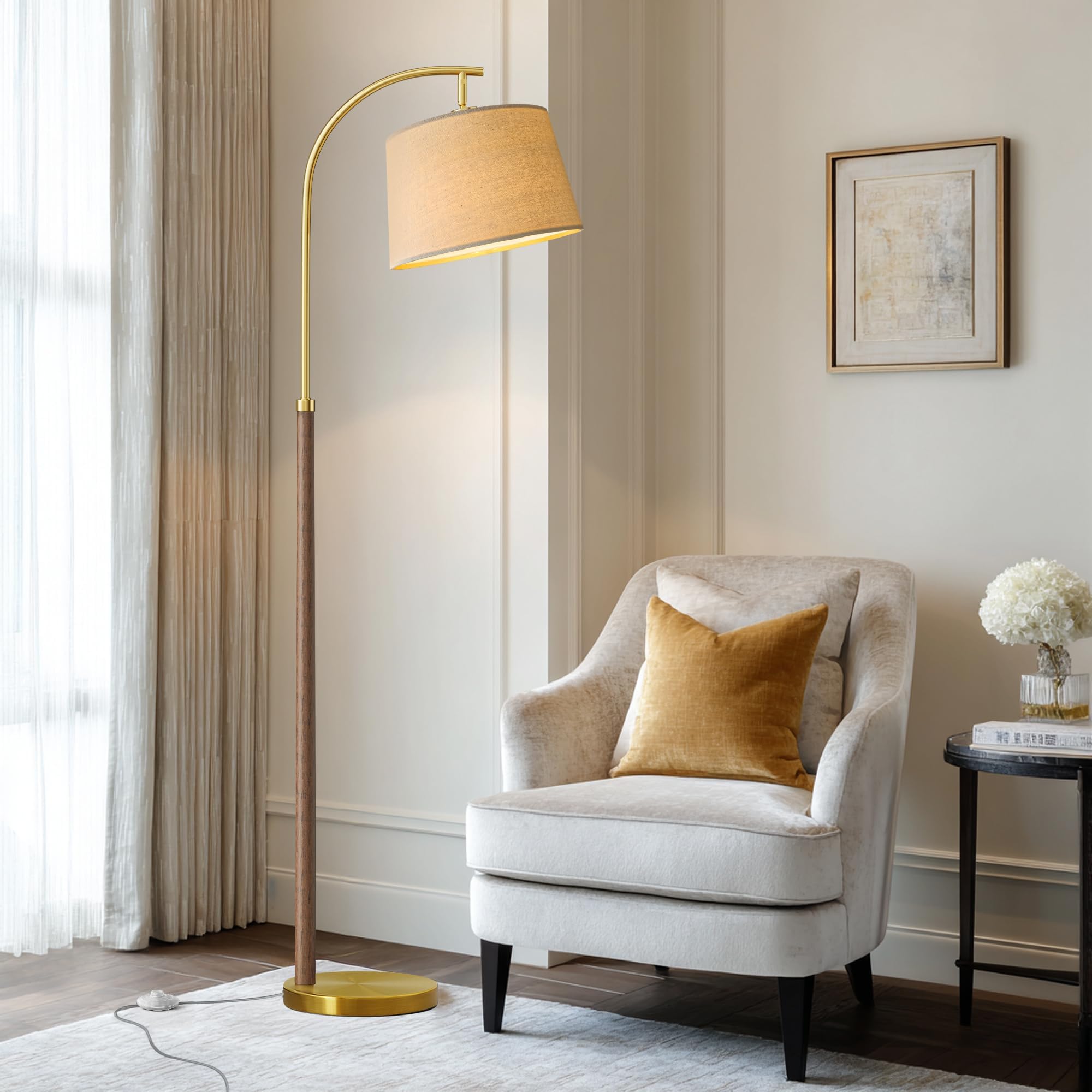 62.5" Wood Floor Lamp for Living Room Gold with Foot Switch Arc Standing Tall Lamps for Bedroom Mid Century Modern Corner Floor Lamps for Office Nursery Industrial Reading Light Room Lamp