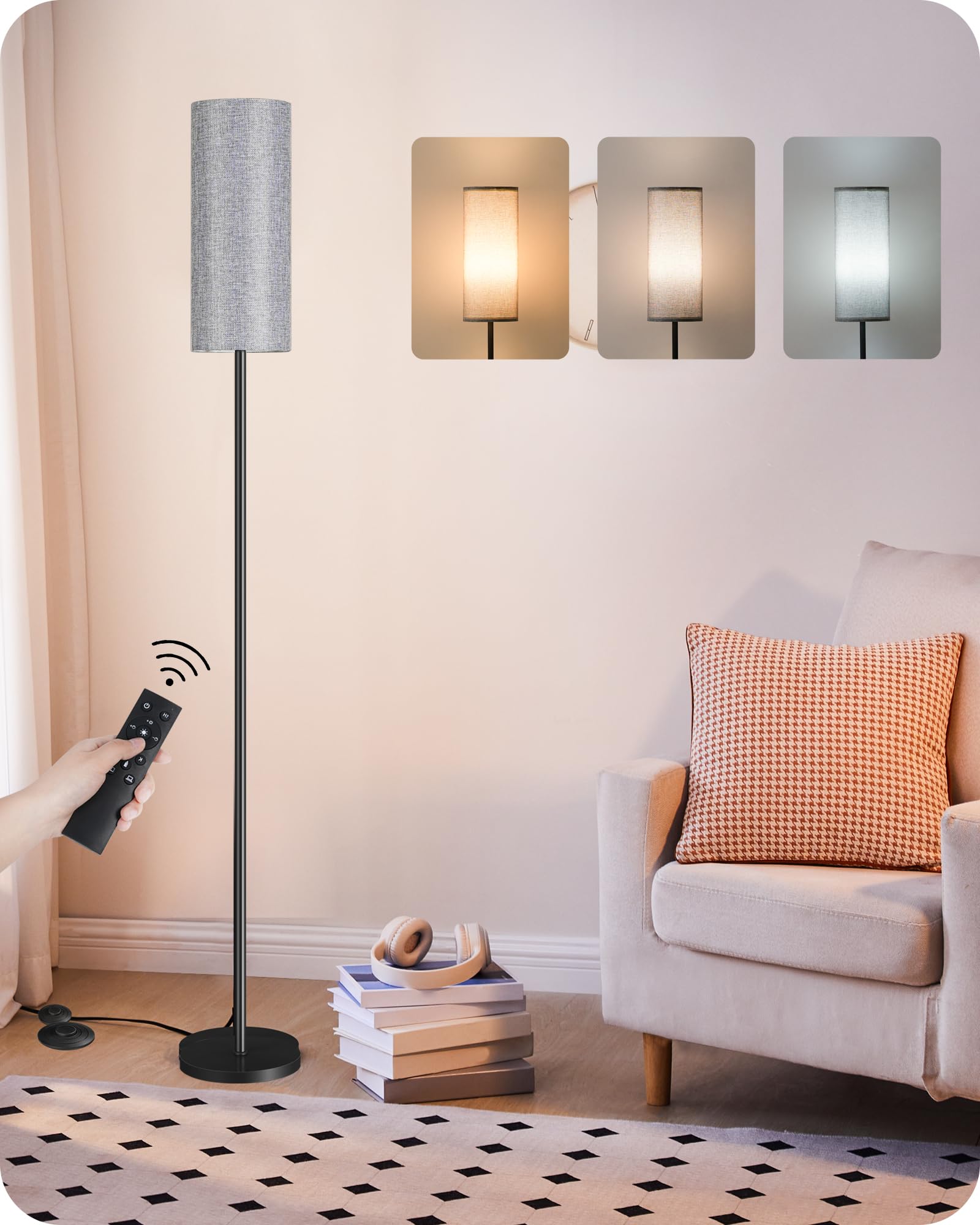 Set of 2 Dimmable Floor Lamps for Living Room with 2 Remotes and Foot Switch, 64.4”Modern Standing Lamp, Corner Lamp for Bedroom, Bulb Included, 3000K-6500K, White and Gold DCW06LDP205W1
