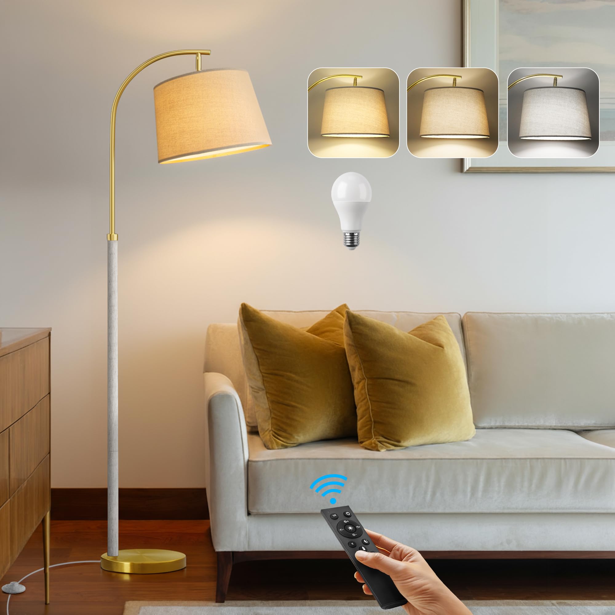 62.5" Wood Floor Lamp for Living Room Gold with Foot Switch Arc Standing Tall Lamps for Bedroom Mid Century Modern Corner Floor Lamps for Office Nursery Industrial Reading Light Room Lamp