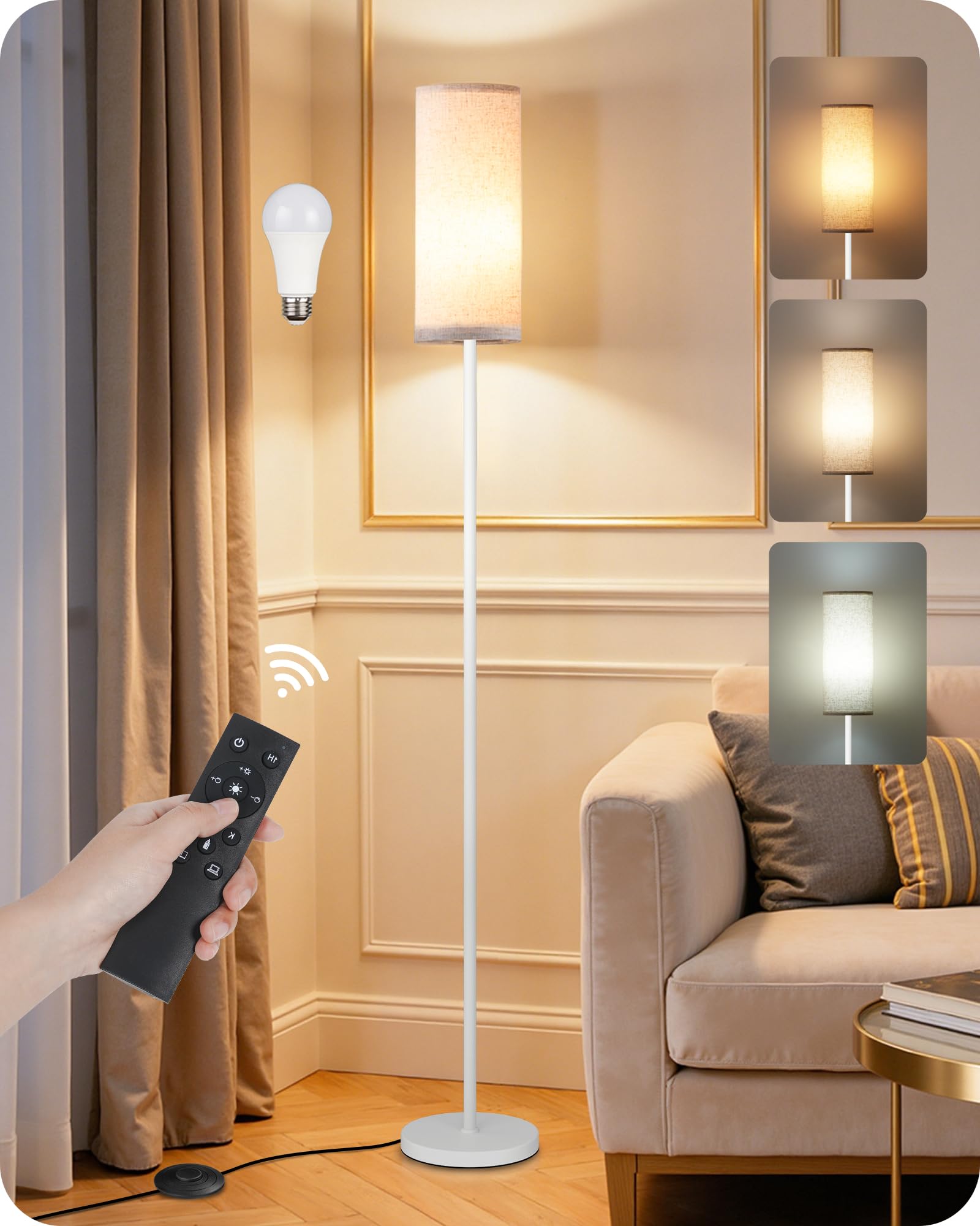 Set of 2 Dimmable Floor Lamps for Living Room with 2 Remotes and Foot Switch, 64.4”Modern Standing Tall Lamp, Corner Lamp for Bedroom, Bulb Included, 3000K-6500K, Beige Shade E06LDP205W1