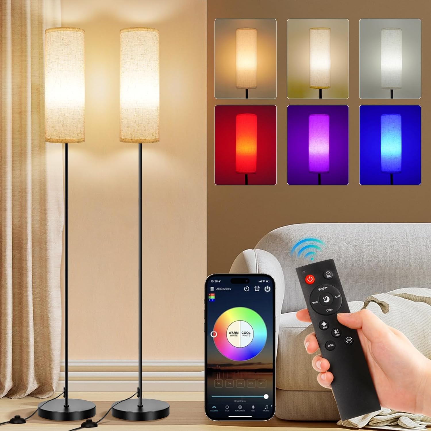 FRIDEKO HOME 2 Pack Floor Lamps for Living Room, Dimmable Colors Temperature & Brightness, Modern Floor Lamp with Remote, Tall Standing Lamps for Living Room Bedroom Office, Beige Shade 9W Smart Bulb