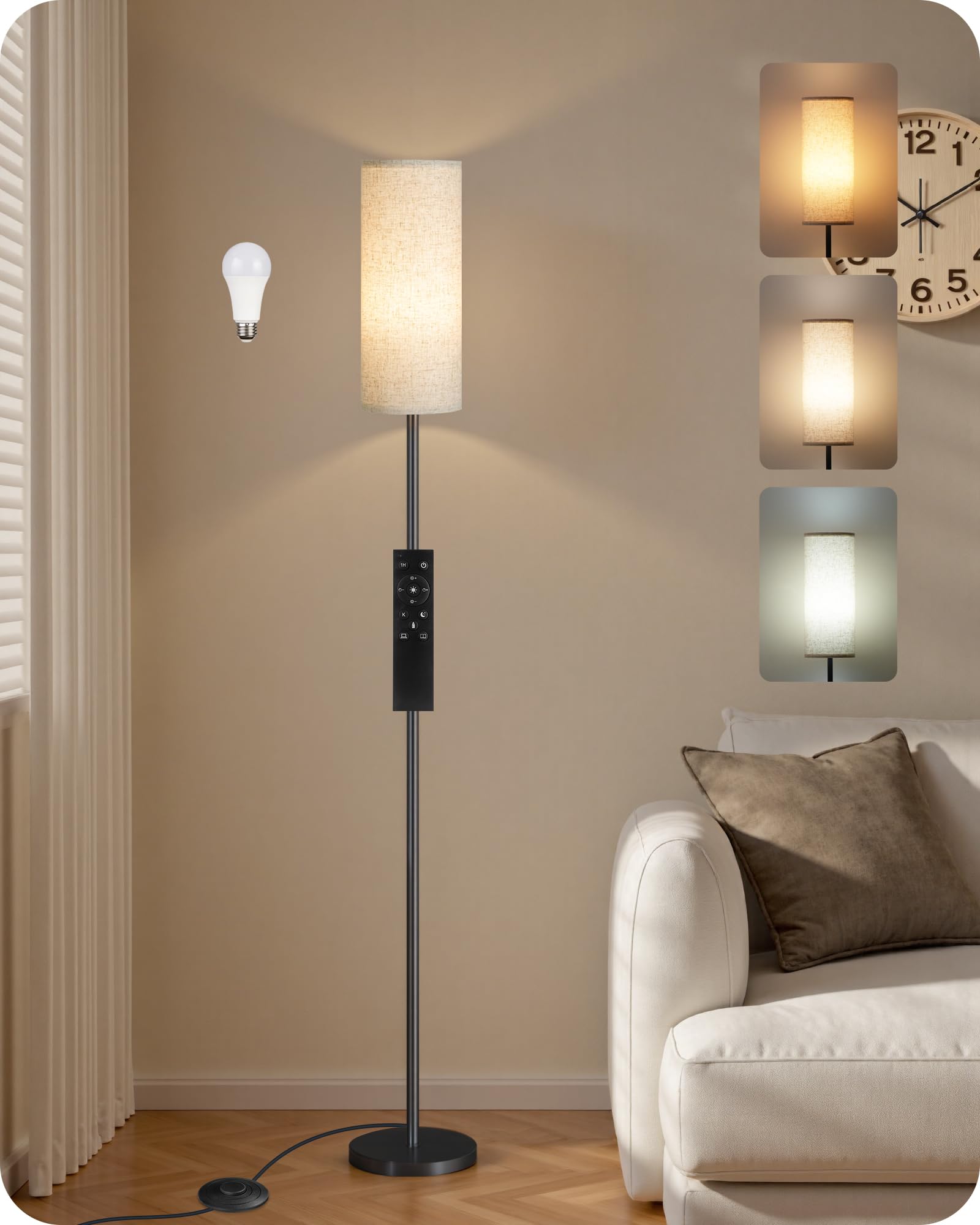 Set of 2 Dimmable Floor Lamps for Living Room with 2 Remotes and Foot Switch, Modern Standing Tall Lamp, Corner Lamp for Bedroom, Bulb Included, 3000K-6500K, Beige and Gold DE06LDP205W1