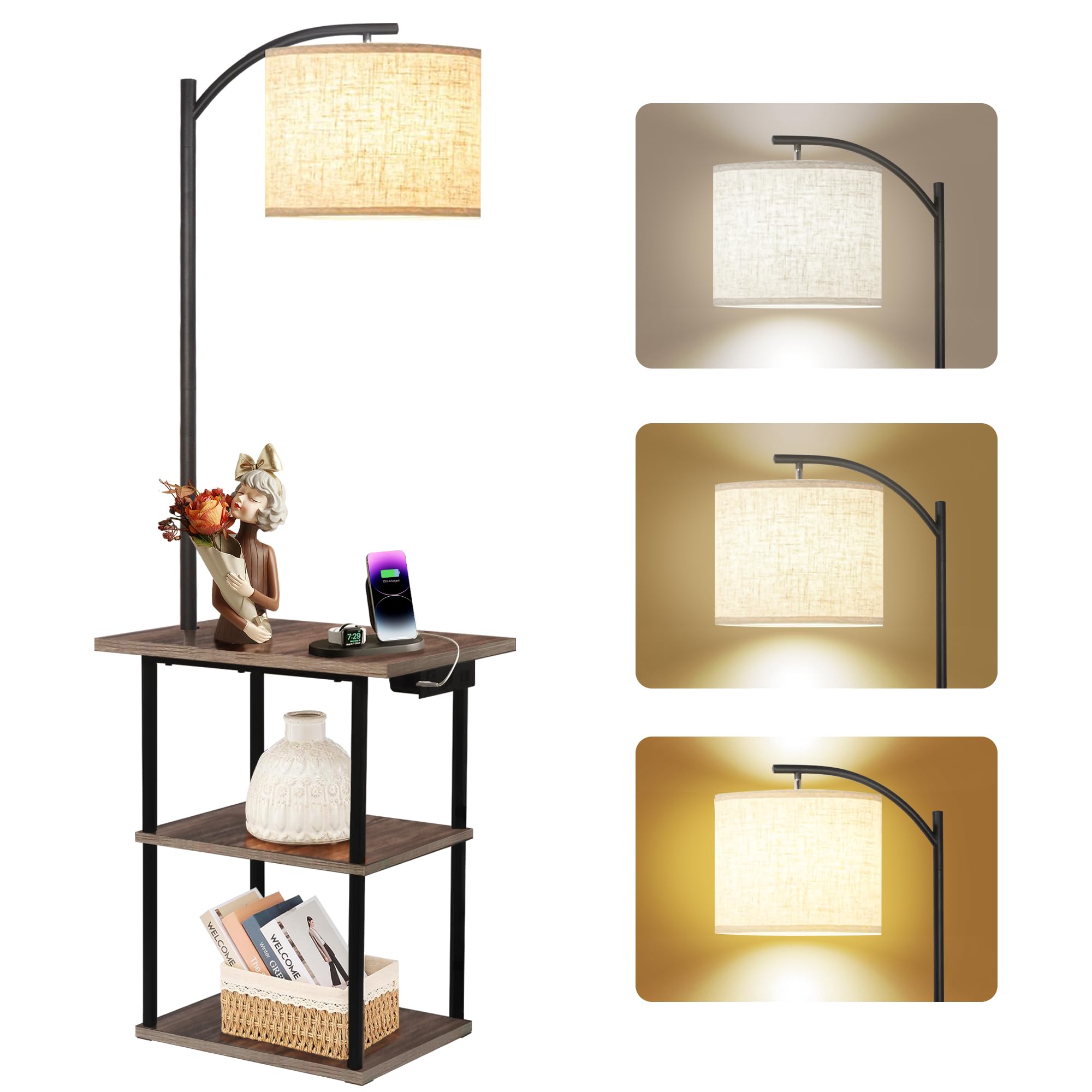 PESRAE Floor Lamp with Table, End Tables with Charging Station(USB & Type-C & AC Port), 3 Color Temperatures 9W LED Bulb, Modern Shelves Side Table for Bedroom, Living Room