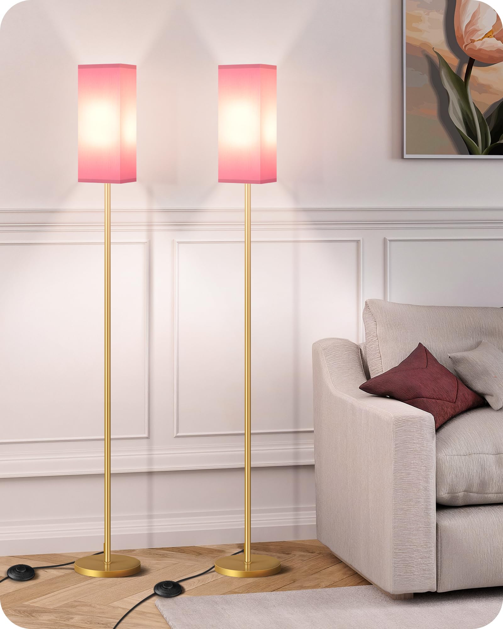 Set of 2 Floor Lamps for Living Room, Modern Tall Standing Lamps with Foot Switches, Bulb Not Included, 64.6'', for Living Room, Bedroom, Kids Room, ETL Listed, Beige and Black E07LDP205W1
