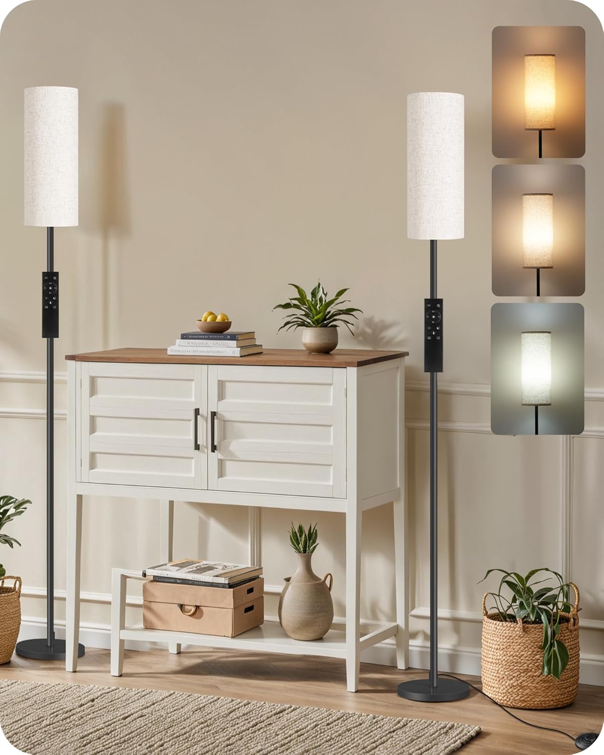 Set of 2 Dimmable Floor Lamps for Living Room with 2 Remotes and Foot Switch, 64.4”Modern Standing Tall Lamp, Corner Lamp for Bedroom, Bulb Included, 3000K-6500K, Beige Shade E06LDP205W1