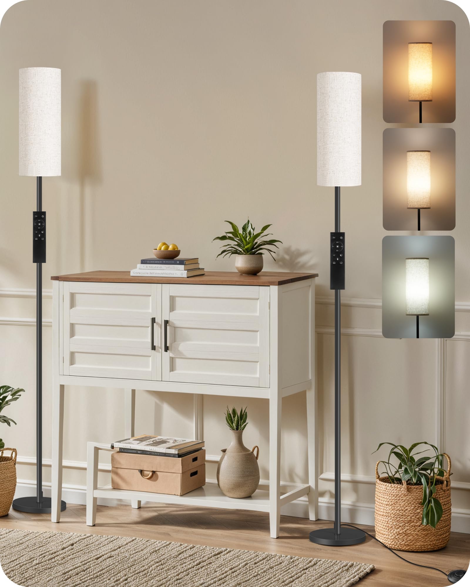 Set of 2 Dimmable Floor Lamps for Living Room with 2 Remotes and Foot Switch, 64.4”Modern Standing Lamp, Corner Lamp for Bedroom, Bulb Included, 3000K-6500K, White and Gold DCW06LDP205W1