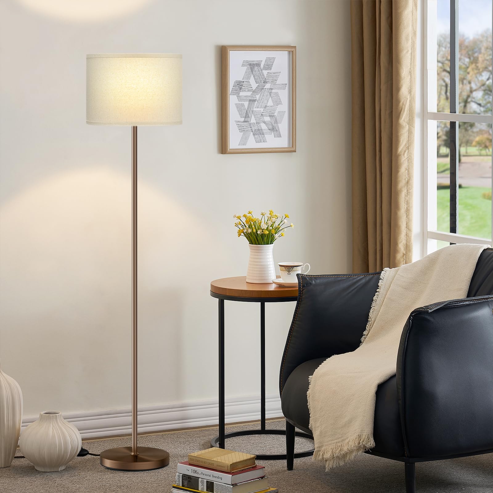 Ambimall 60'' Modern Floor Lamp Set of 2, 2PK Tall Lamps for Living Room Bedroom, Beige Shade with Black Pole(Without Bulb)
