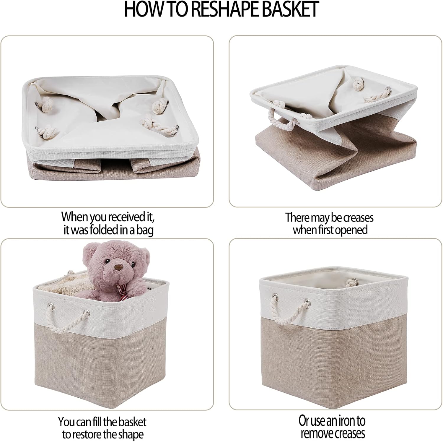 11 x 11 Inch Cube Storage Bins, 6 Pack Large Collapsible Fabric Storage Bin with Ropes, Foldable Storage Cubes for Home, Office,Closet, Clothes, Toys Organizer (White & Beige-11"x11"x11")