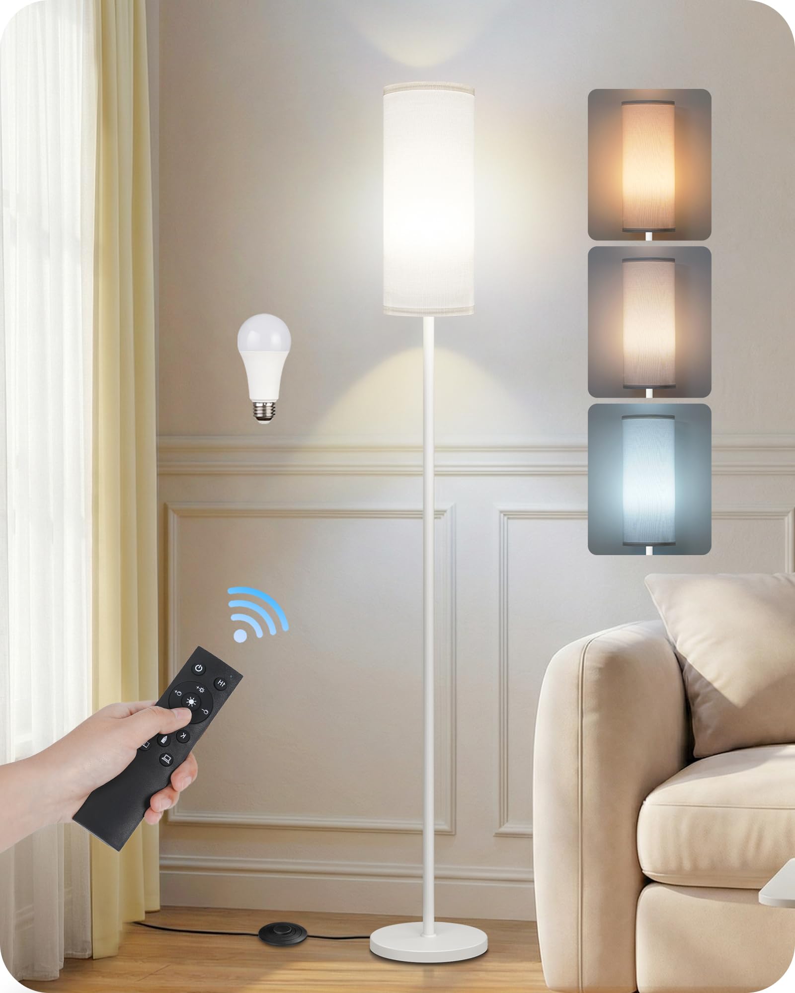 Set of 2 Dimmable Floor Lamps for Living Room with 2 Remotes and Foot Switch, 64.4”Modern Standing Tall Lamp, Corner Lamp for Bedroom, Bulb Included, 3000K-6500K, Beige Shade E06LDP205W1
