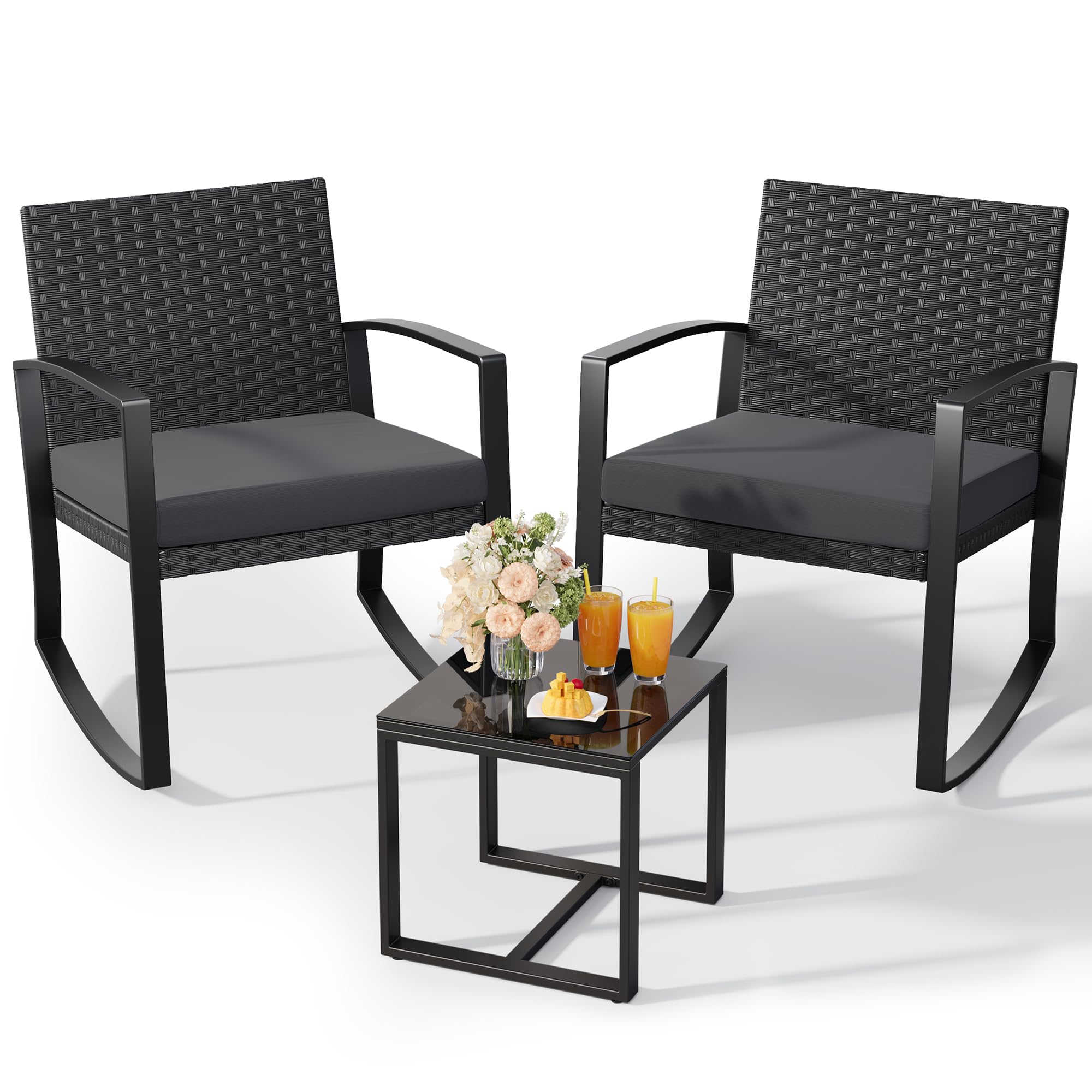 3 Pieces Outdoor Patio Furniture Set Rocking Bistro Set Outdoor Rattan Conversation with Coffee Table for Garden Balcony Backyard Poolside (Grey Cushion)