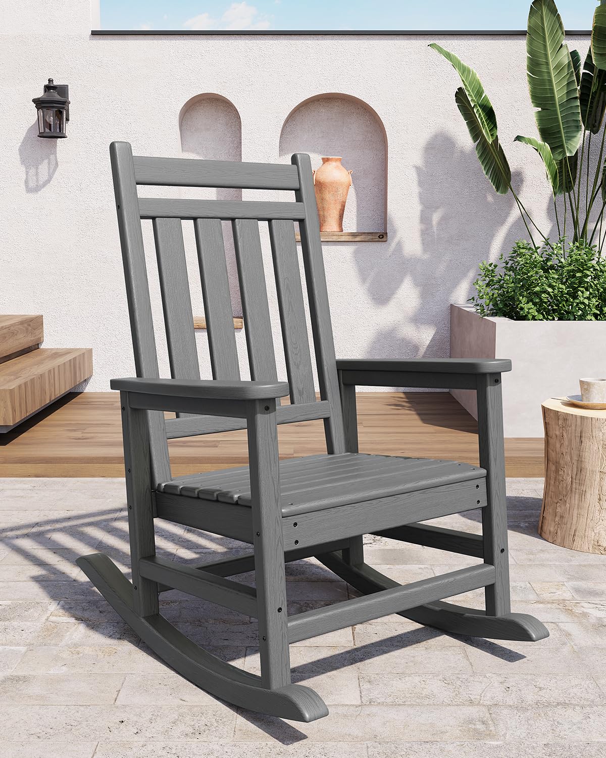 Poly Lumber Rocking Chair Outdoor Set of 2 with Side Table - HDPE High Back Porch Rocker Chairs for Adults - All Weather Resistant Furniture for Patio - Black