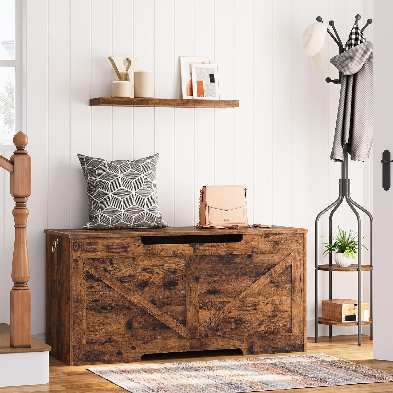 HOOBRO Storage Bench, 39.4” Retro Wooden Storage Chest with U-Shaped Cut-Out Pull, Safety Hinge, Supports 220 lb and Easy Assembly for Toy Box Organizer (Rustic Brown) BF771CW01