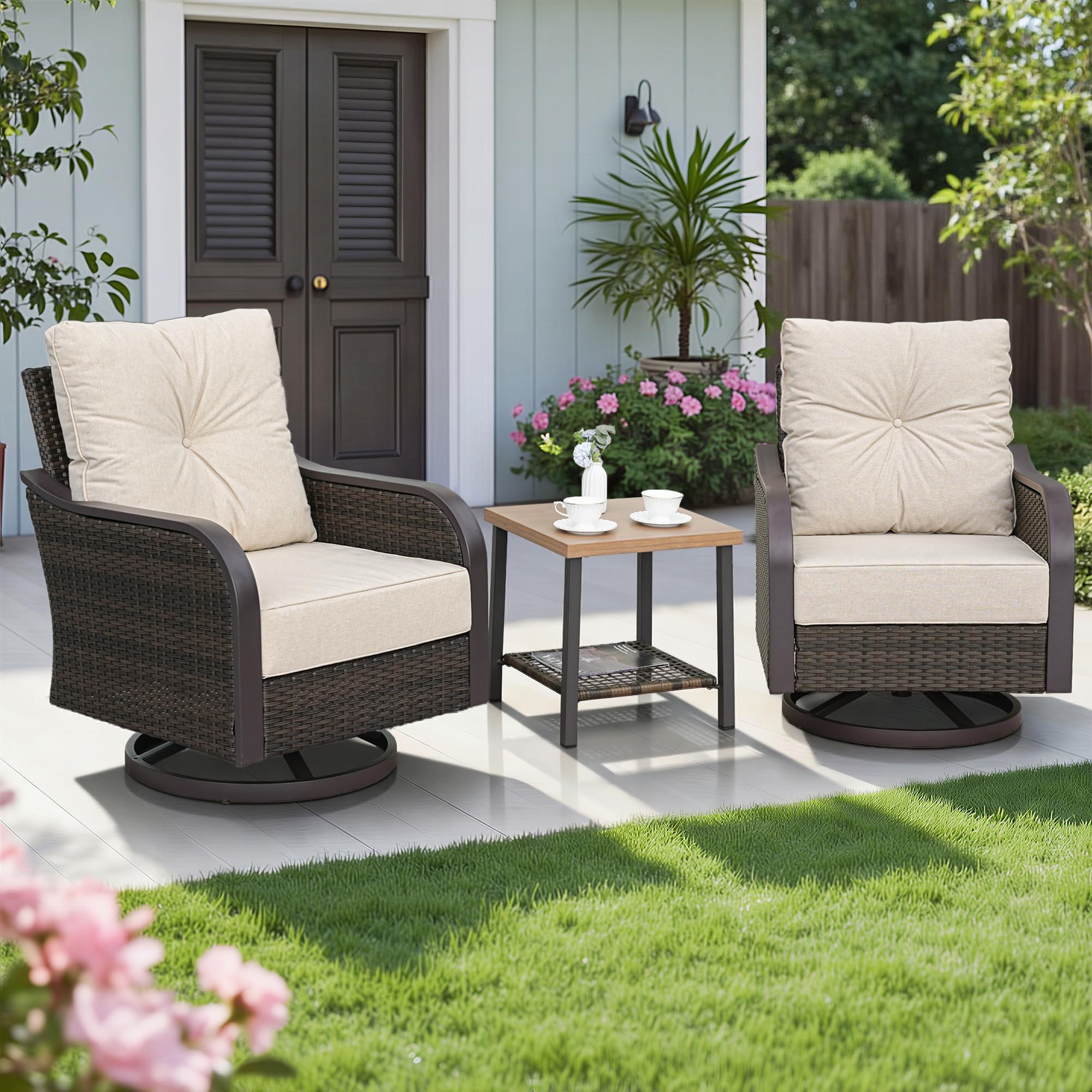 Outdoor Patio Swivel Rocking Chairs Set, Patio Porch Furniture with 6" Thick Cushions, 3 Pieces Outdoor Bistro Set with Coffee Table for Balcony, 350lbs, Dark Grey