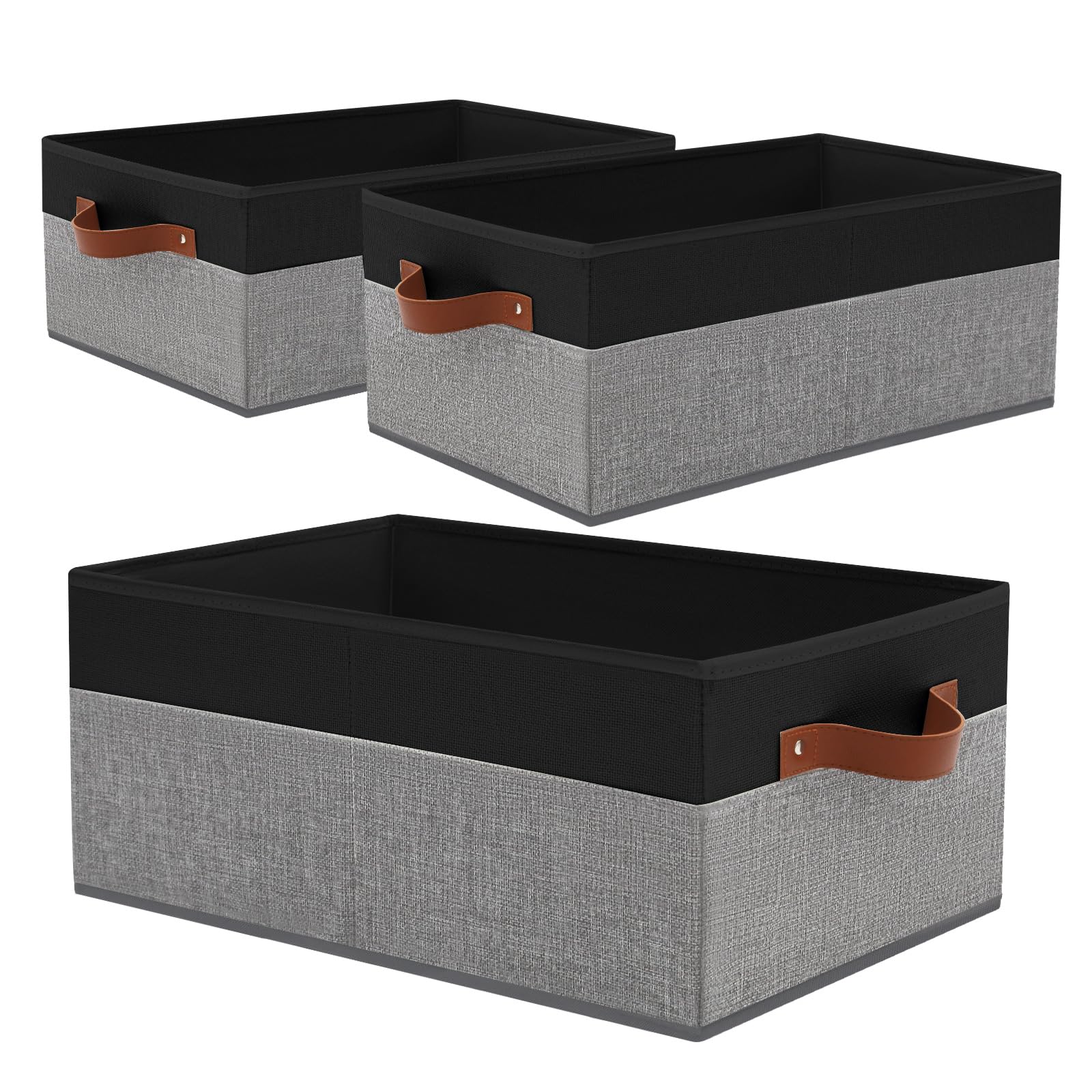 3 Pack Large Capacity Storage Bins Closet Organizer for Shelves, Fabric Closet Storage Baskets Boxes with Leather Handles for Organizing Clothes, Sheets, Jeans, Toys, Books (Green)